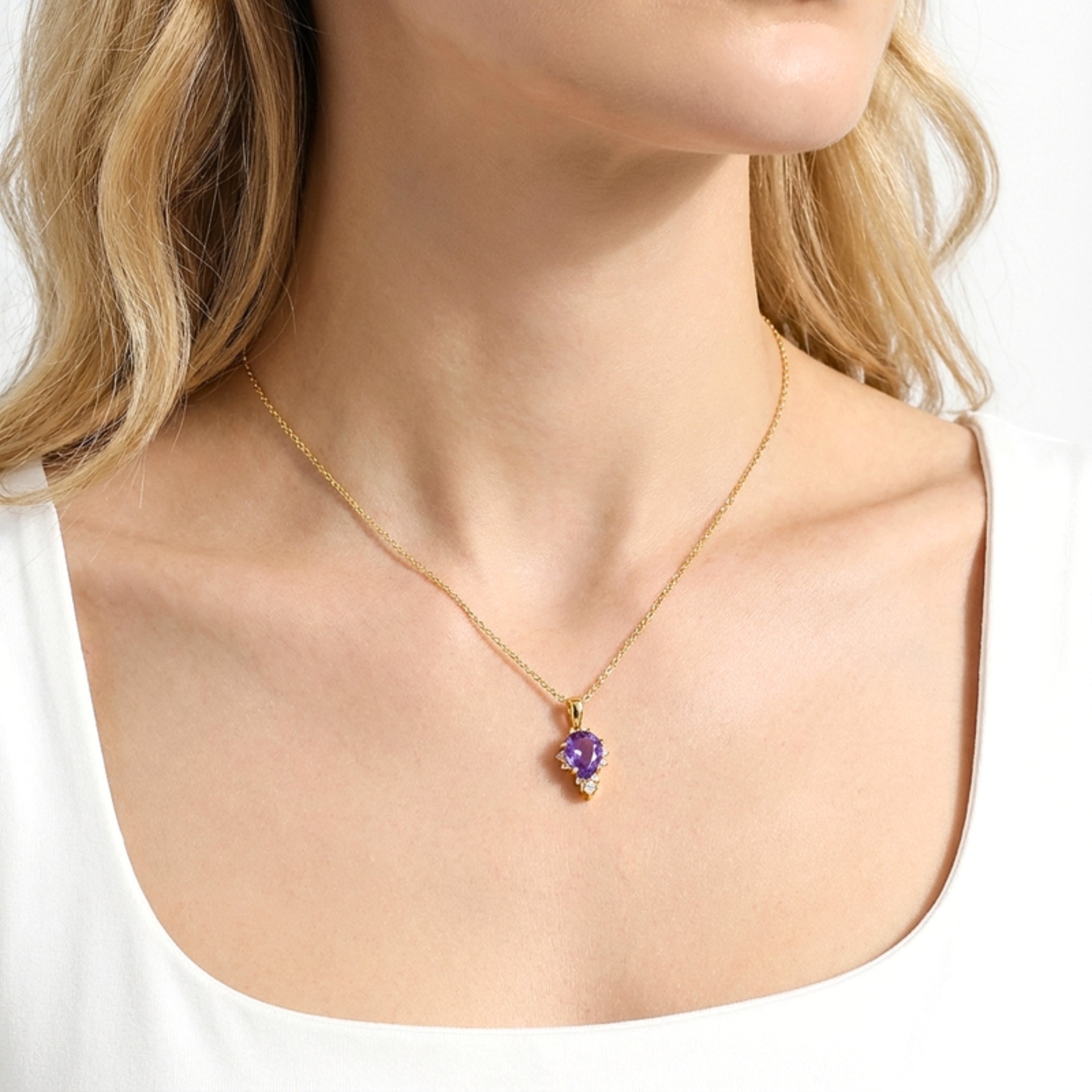 February Pear Cut Birthstone Pendant Necklace - Gold Plated Sterling Silver with Amethyst-Tone Zircon