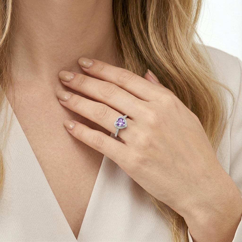 February Heart Cut Birthstone Halo Ring - Sterling Silver with Amethyst-Tone Zircon