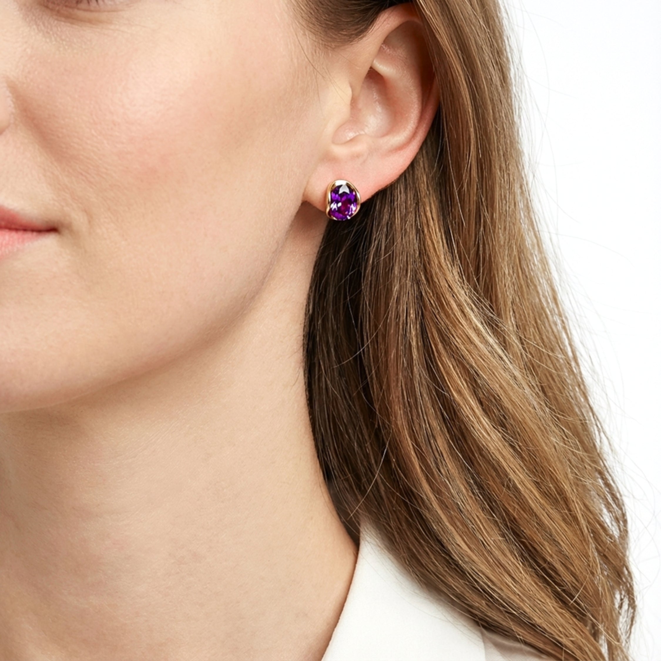 February Oval Cut Birthstone Huggie Earrings - Gold Plated Sterling Silver with Amethyst-Tone Zircon