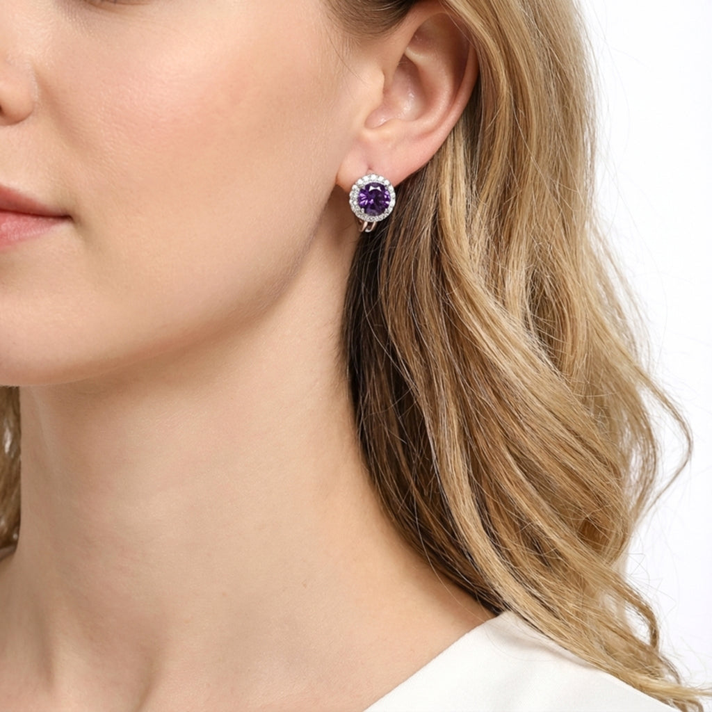 February Round Cut Birthstone Halo Huggie Earrings - Sterling Silver with Amethyst-Tone Moissanite