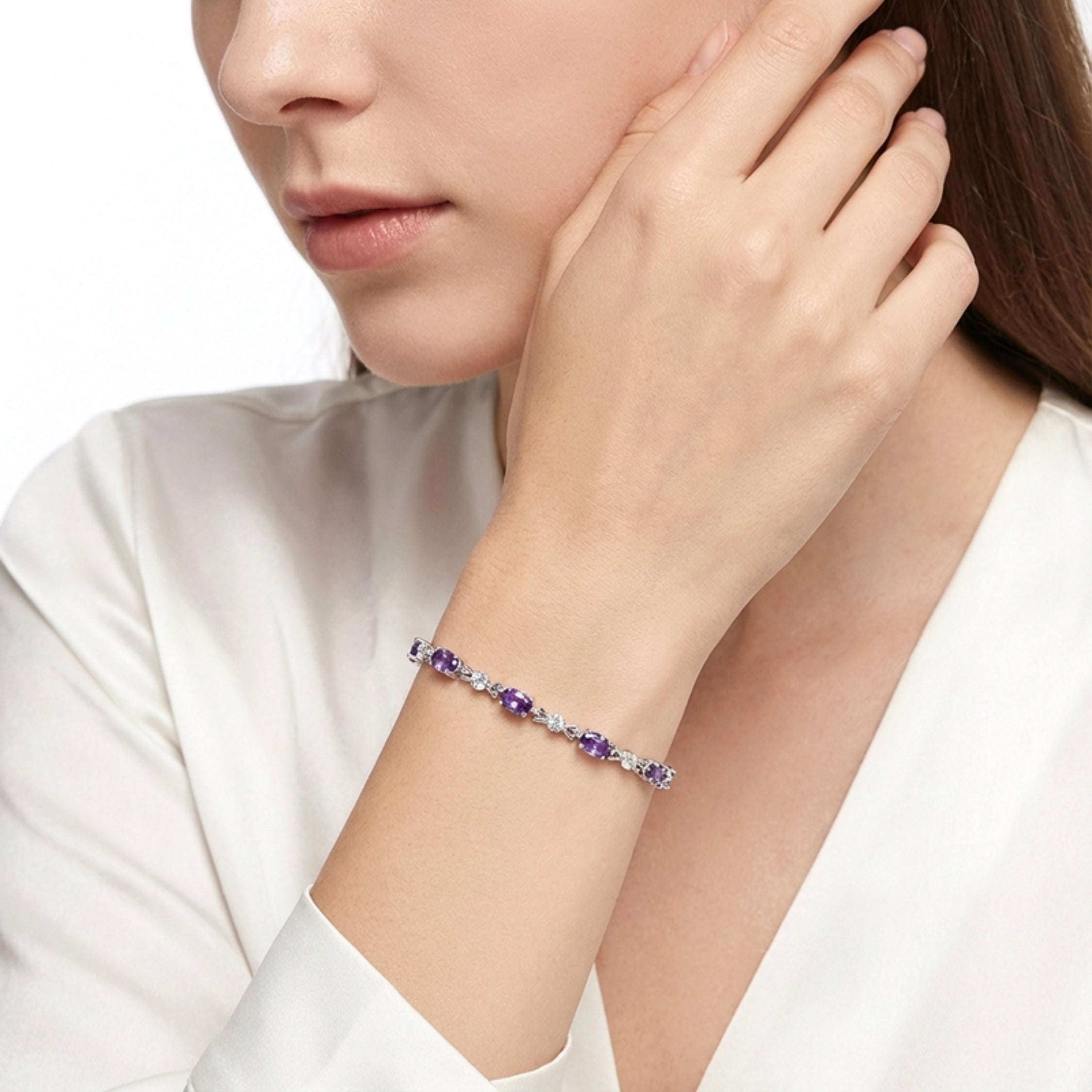 February Oval Cut Birthstone Bracelet - Sterling Silver with Amethyst-Tone Zircon