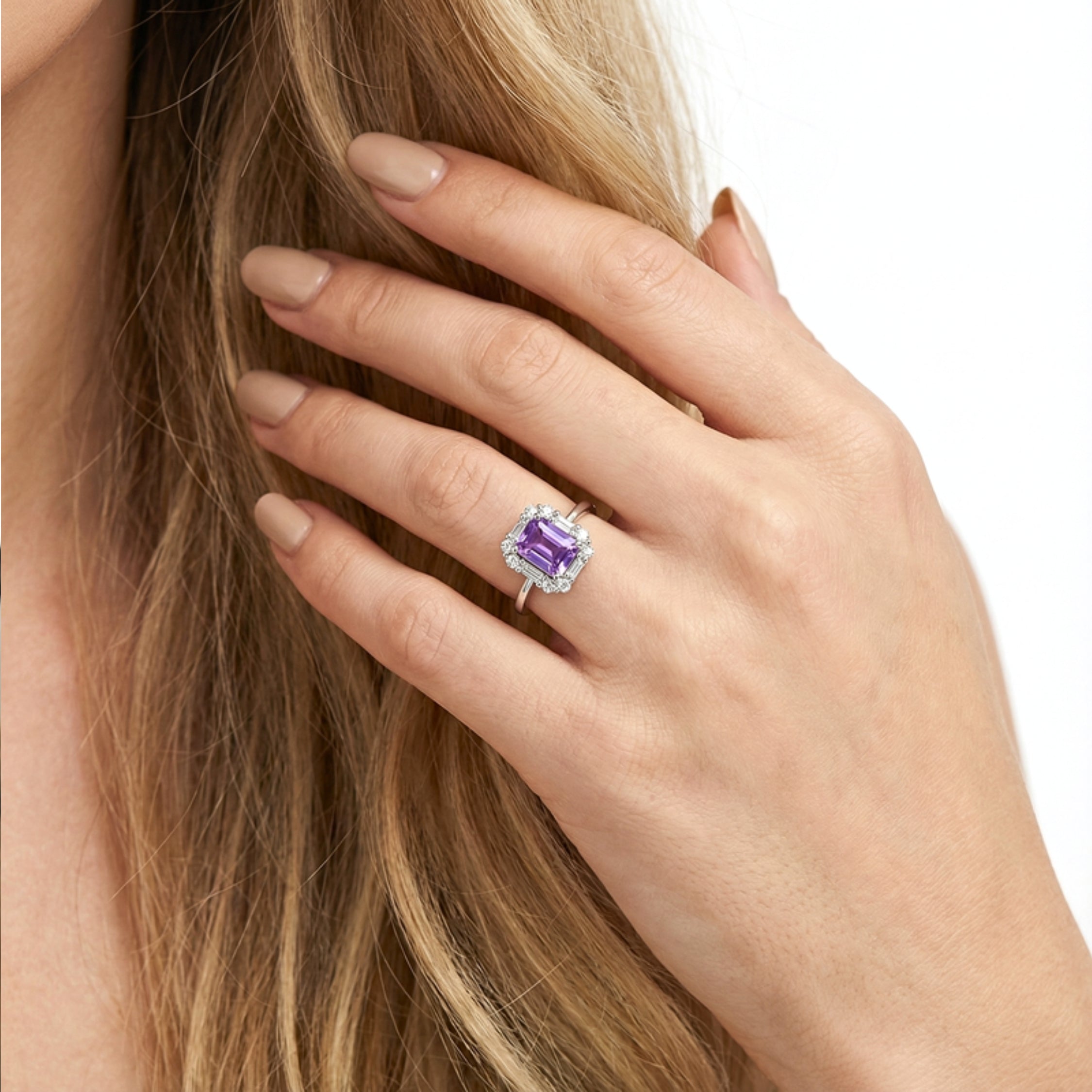 February Emerald Cut Birthstone Halo Ring - Sterling Silver with Amethyst-Tone Zircon