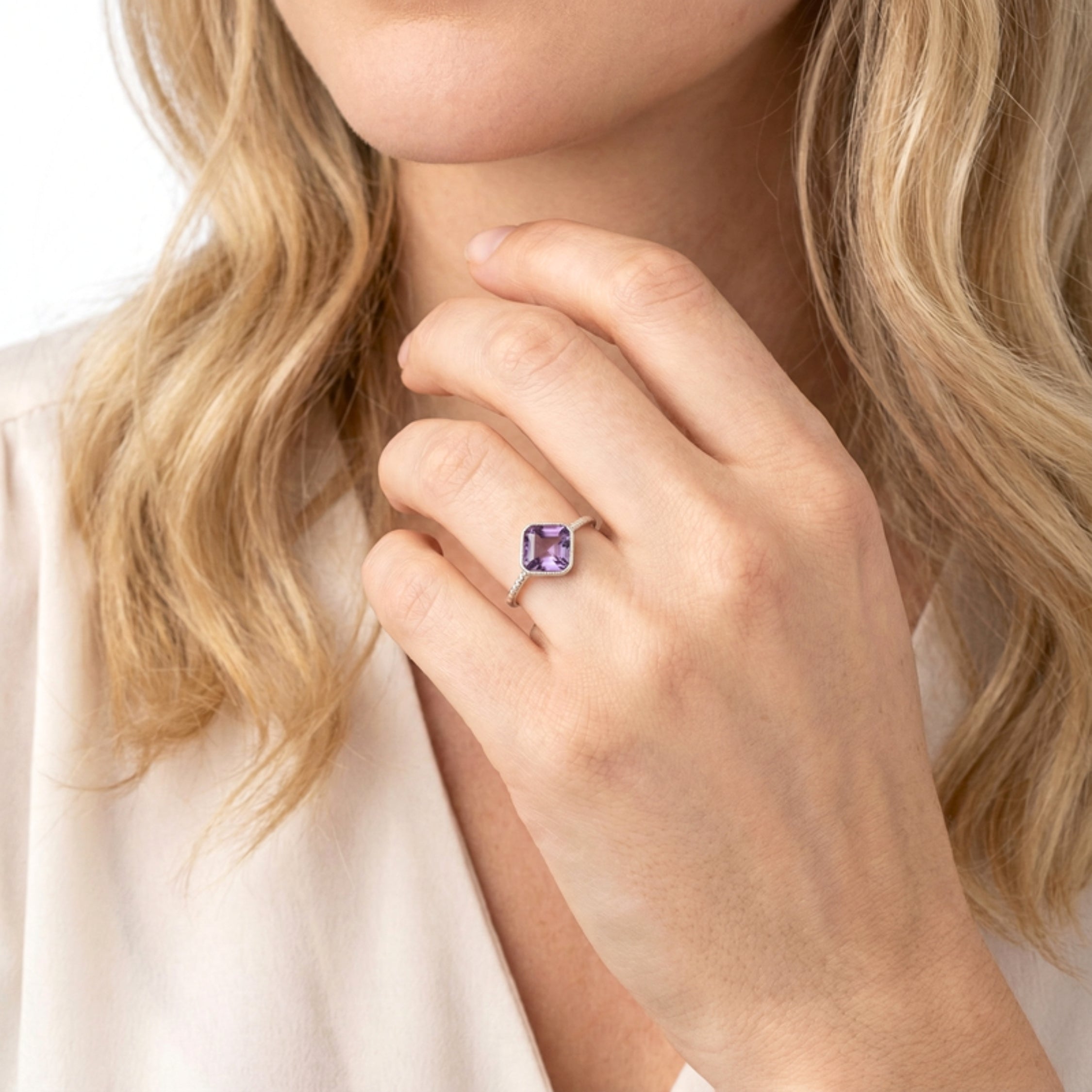 February Cushion Cut Birthstone Adjustable Ring - Sterling Silver with Amethyst-Tone Zircon