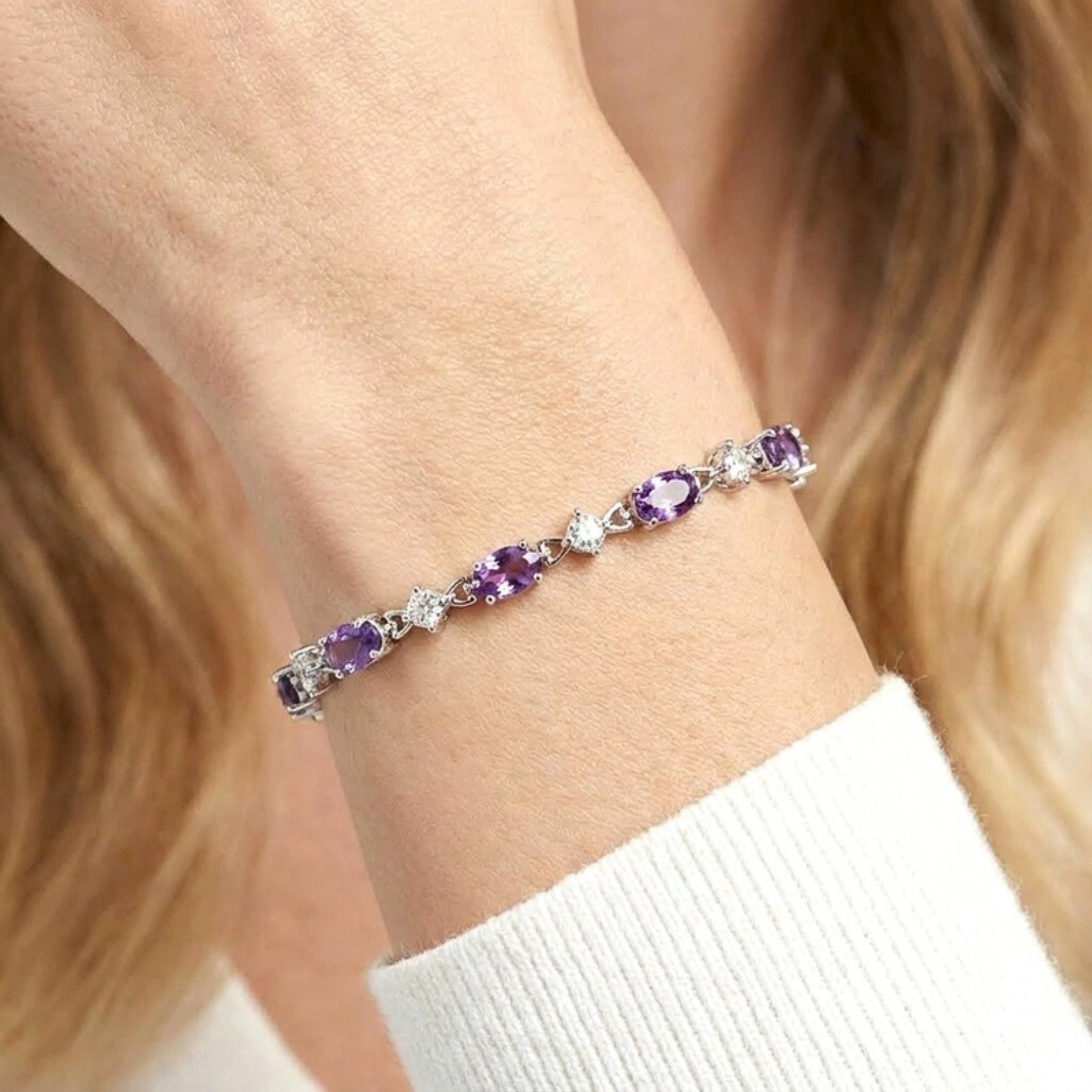February Oval Cut Birthstone Star Link Bracelet - Sterling Silver with Amethyst-Tone Zircon