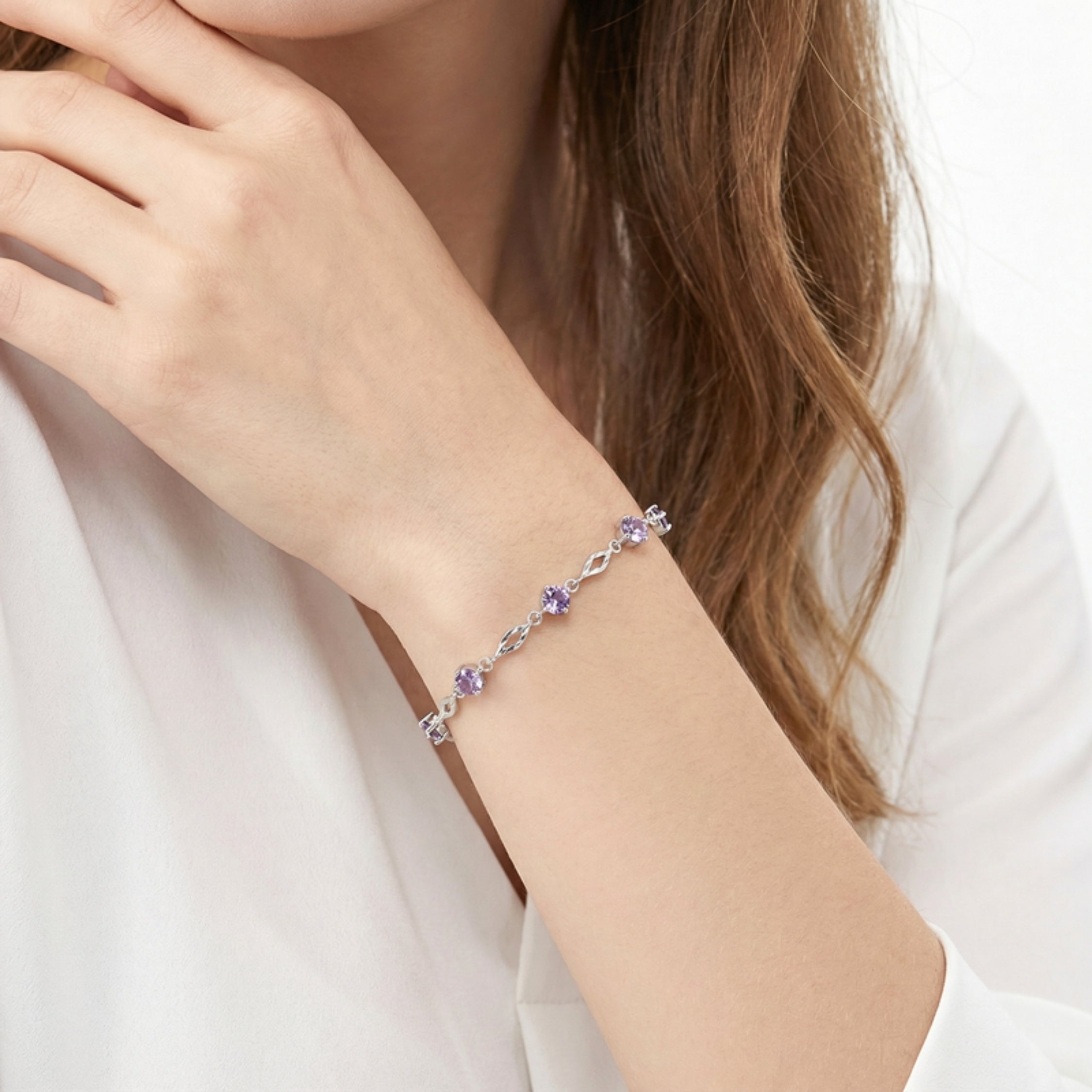 February Round Cut Birthstone Station Bracelet - Sterling Silver with Amethyst-Tone Zircon