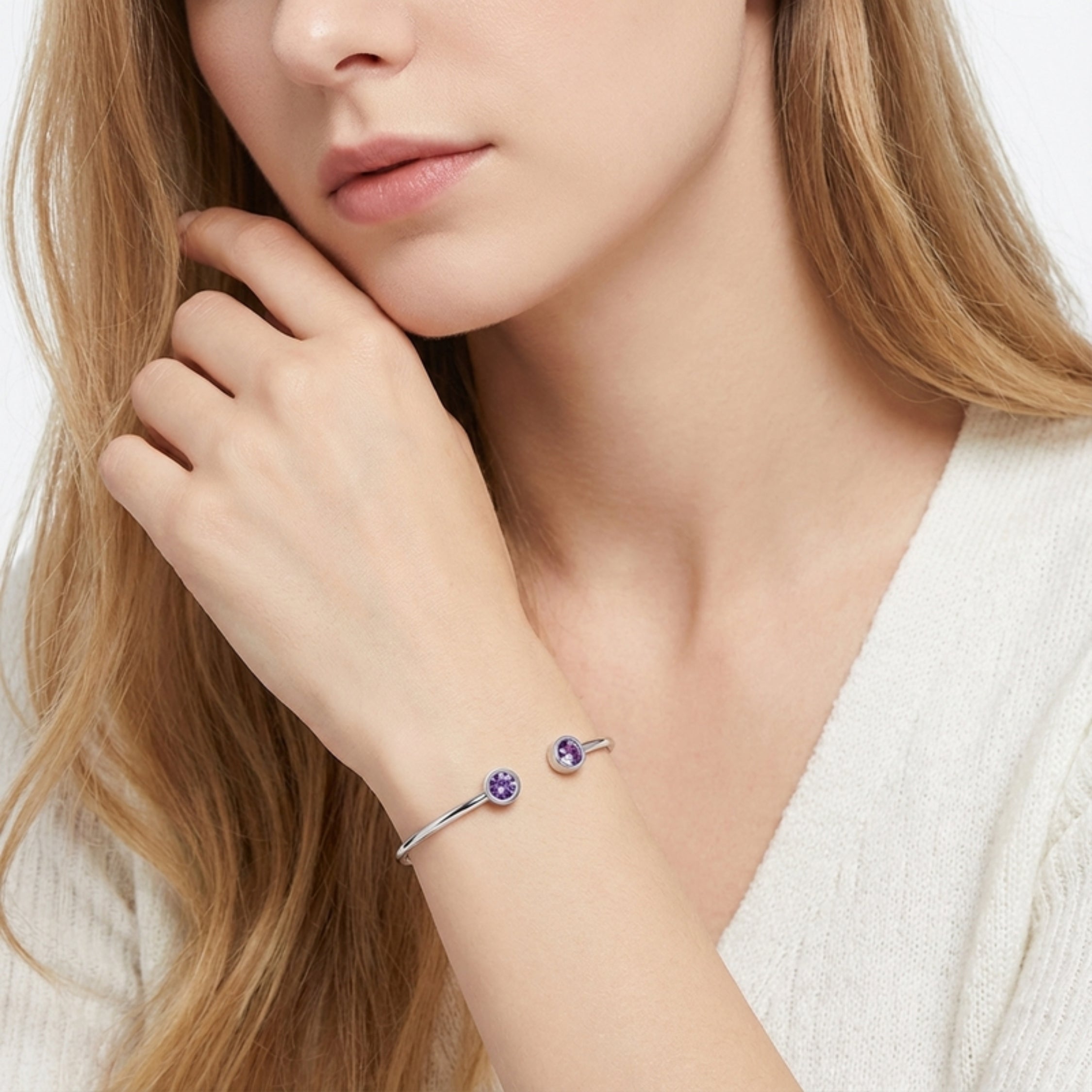 February Birthstone Open Cuff Bangle Bracelet - Gold PVD Stainless Steel with Amethyst-Tone Zircon