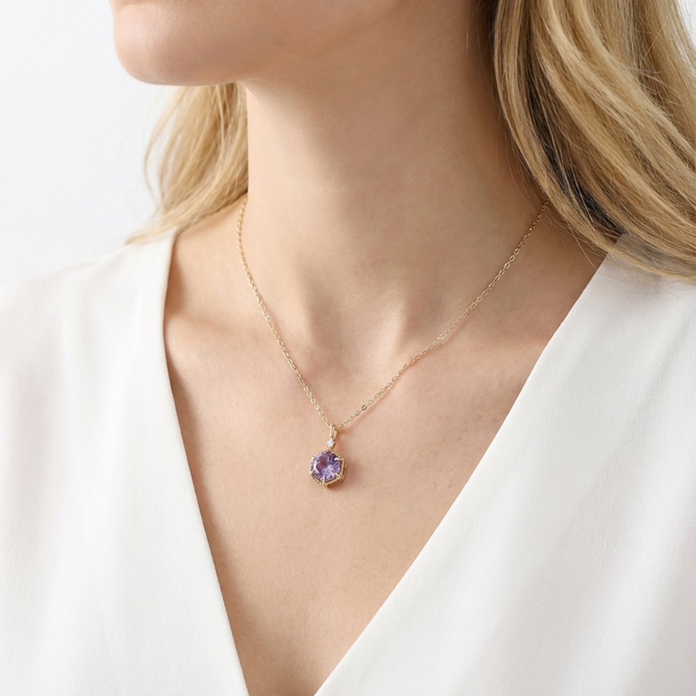 February Hexagon Birthstone Pendant Necklace - Gold Plated Sterling Silver with Amethyst-Tone Zircon