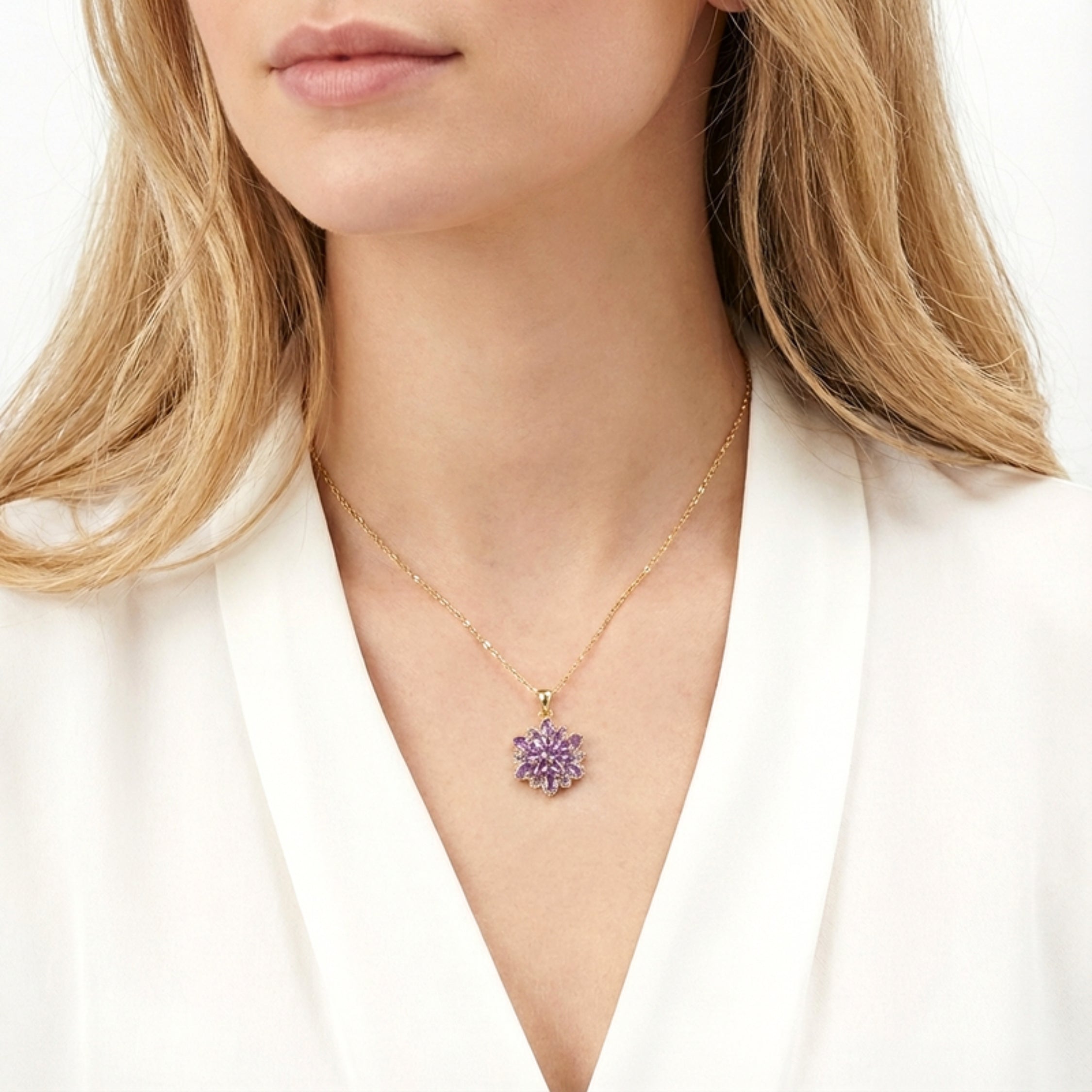 February Marquise Cut Birthstone Flower Pendant Necklace - Gold PVD Stainless Steel with Amethyst-Tone Zircon