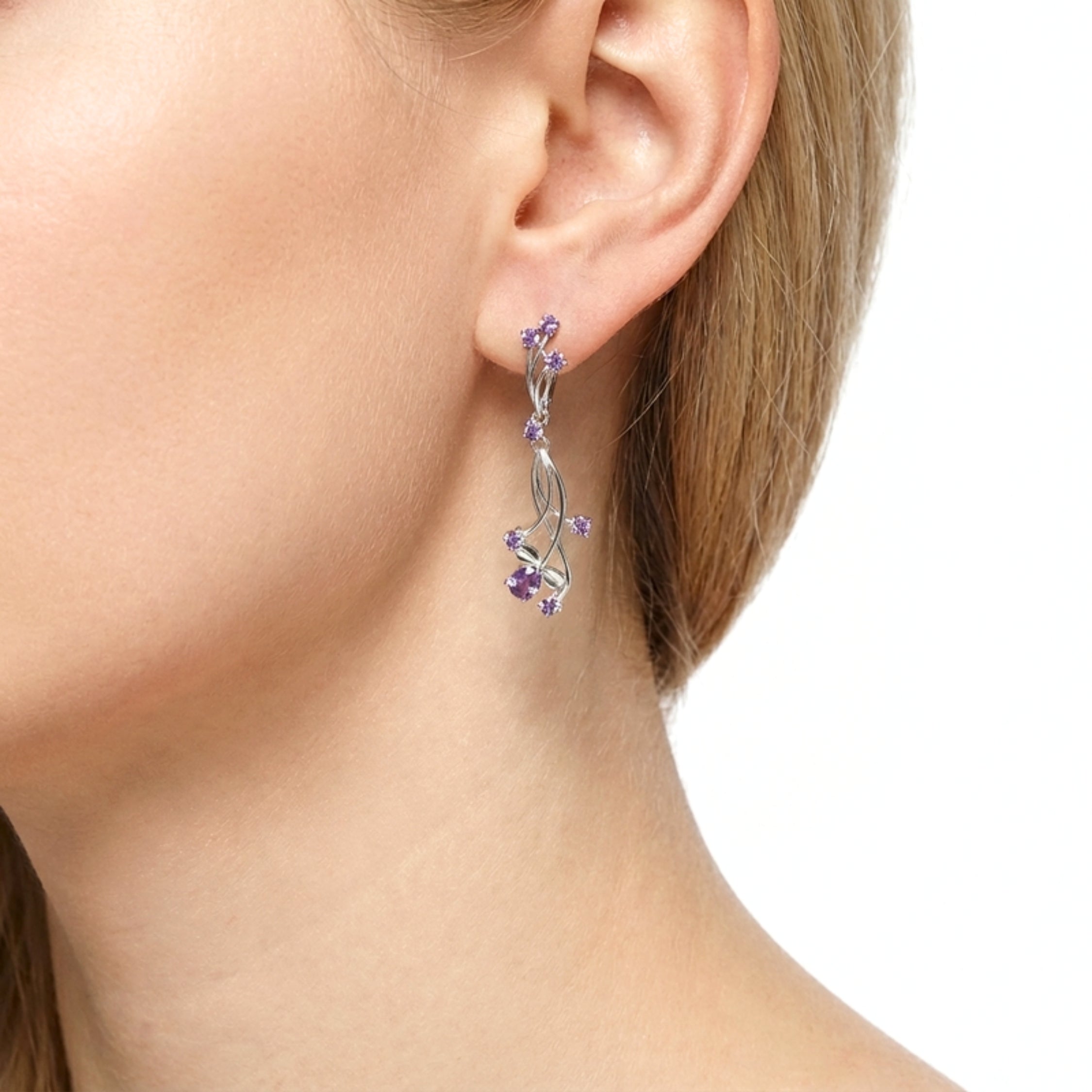 February Birthstone Floral Vine Drop Earrings - Sterling Silver with Amethyst-Tone Zircon