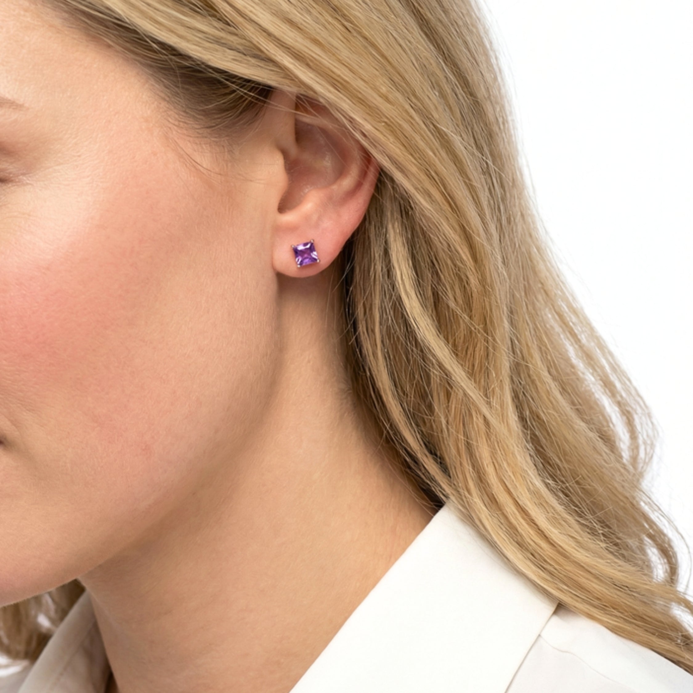 February Princess Cut Birthstone Stud Earrings - Rose Gold Plated Sterling Silver with Amethyst-Tone Zircon