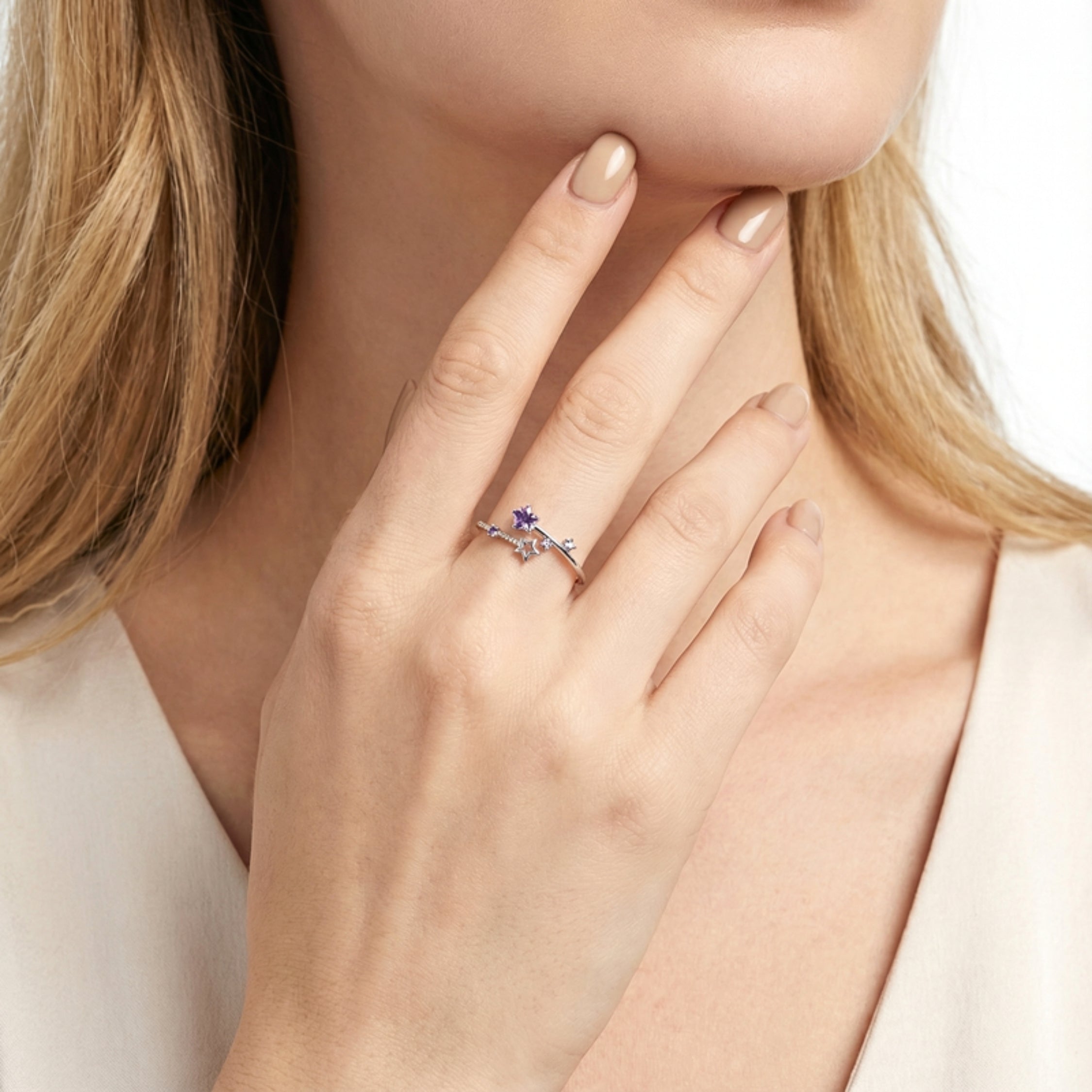 February Star Cut Birthstone Adjustable Ring - Sterling Silver with Amethyst-Tone Zircon