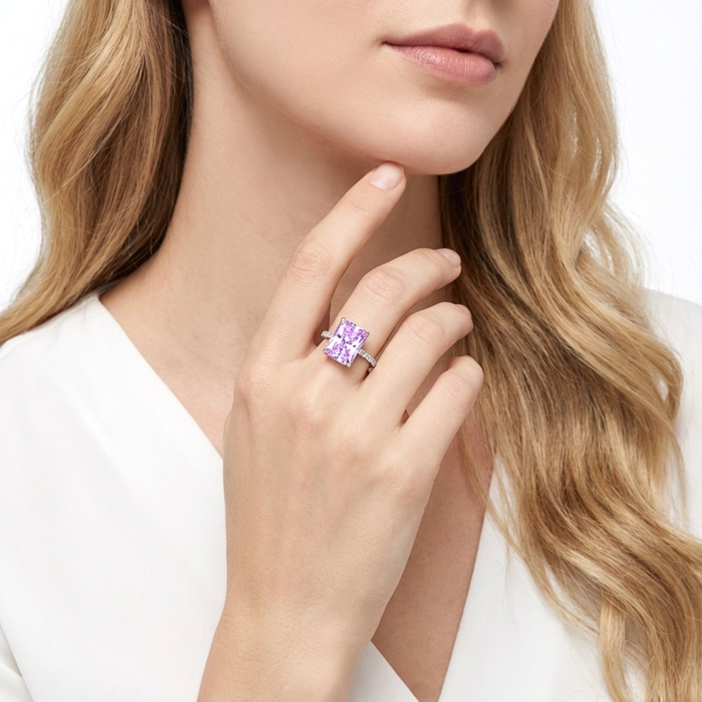 February Radiant Cut Birthstone Pavé Ring - Sterling Silver with Amethyst-Tone Zircon