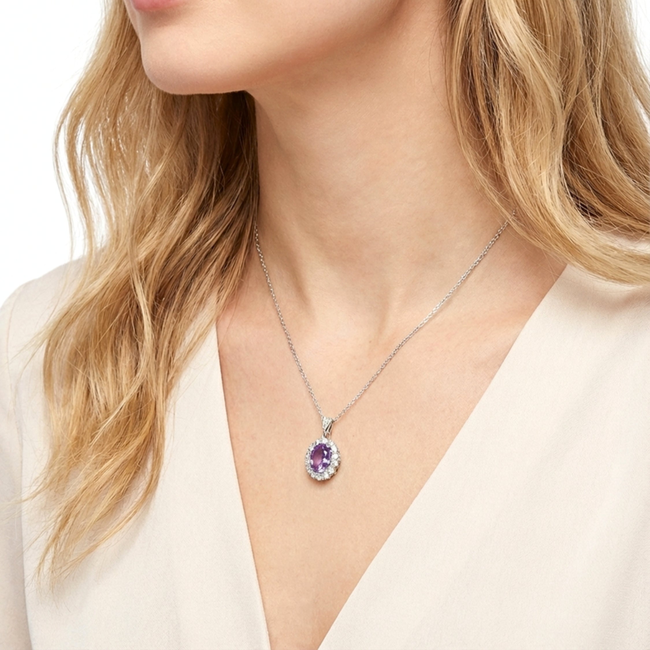 Oval Cut Birthstone Halo Pendant Necklace - Sterling Silver with Zircon