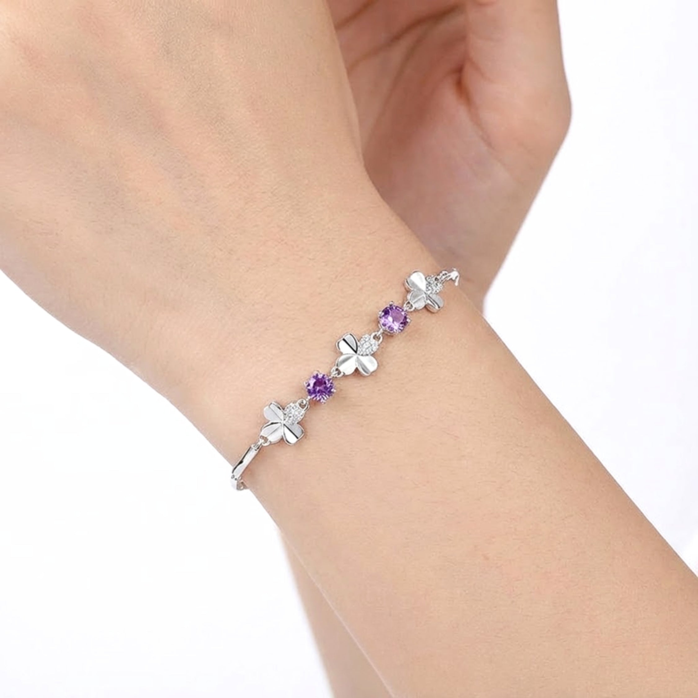 February Four-Leaf Clover Birthstone Bracelet - Sterling Silver with Amethyst-Tone Zircon