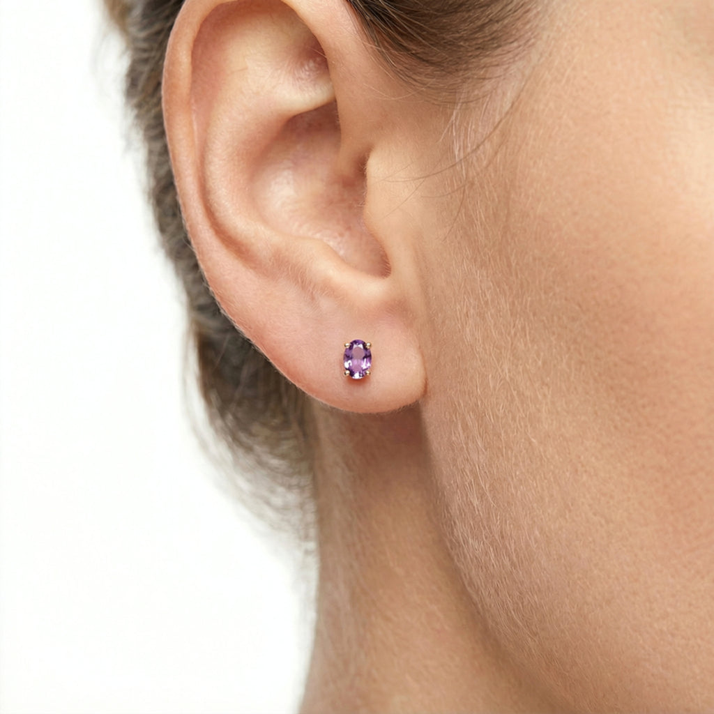 February Oval Cut Birthstone Stud Earrings - Gold Plated Sterling Silver with Amethyst-Tone Zircon