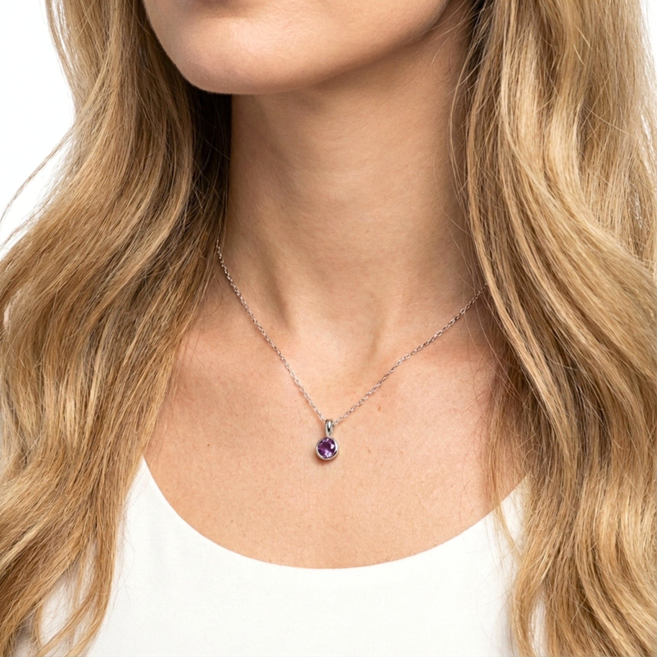 February Round Cut Birthstone Bezel Pendant Necklace - Sterling Silver with Amethyst-Tone Zircon
