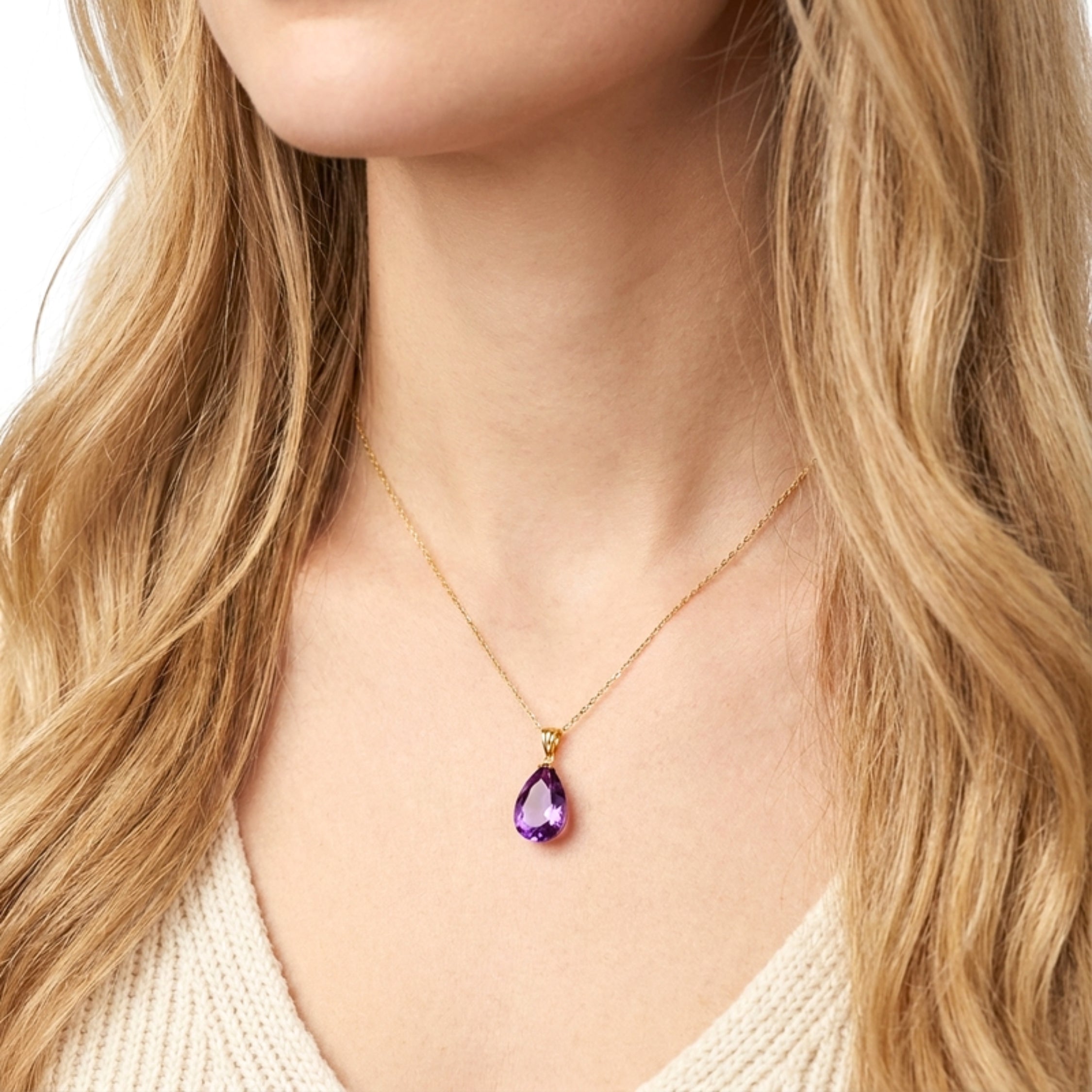February Pear Cut Birthstone Pendant Necklace - Gold Plated Sterling Silver with Amethyst-Tone Zircon