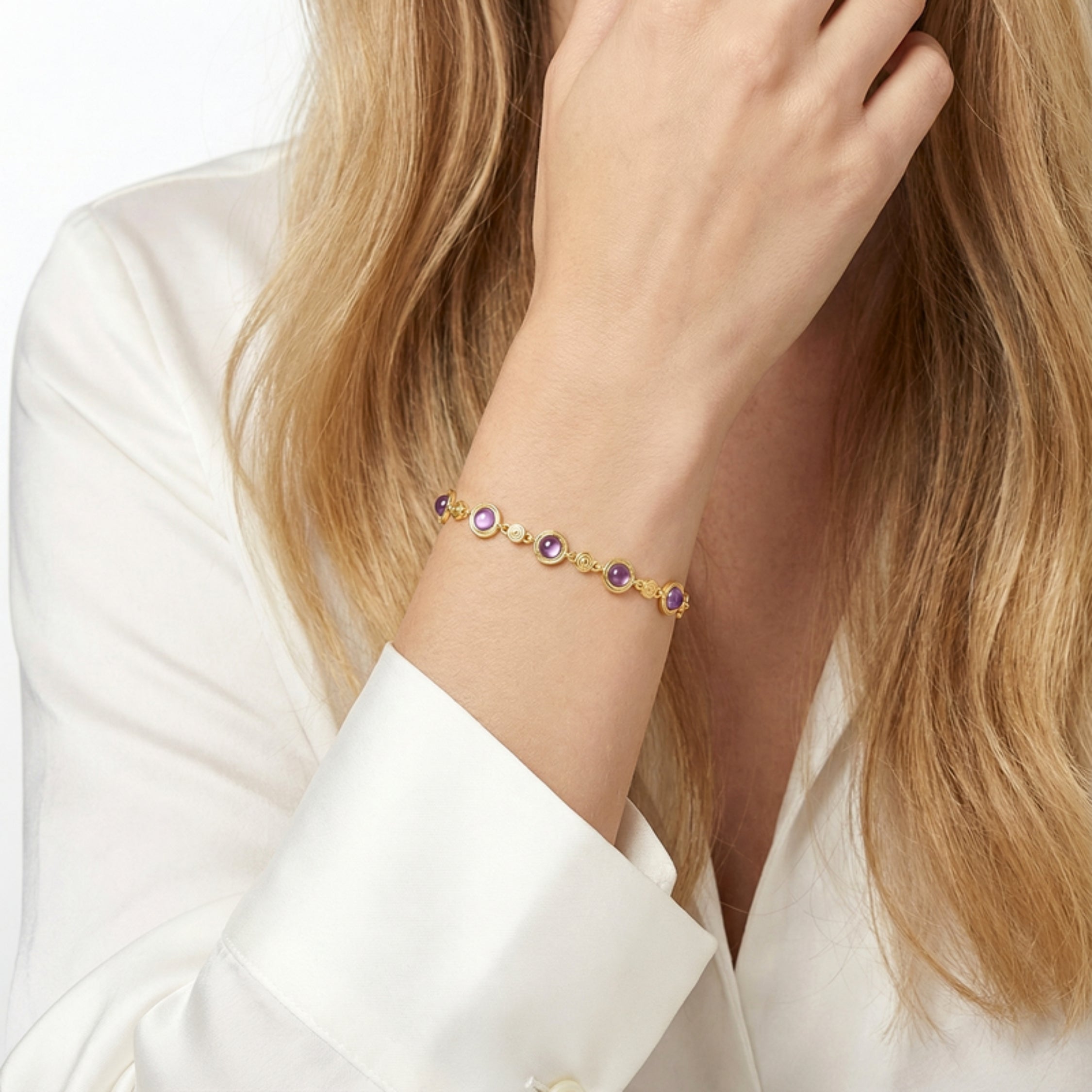 February Round Amethyst-Tone Station Bracelet - Gold Plated Sterling Silver