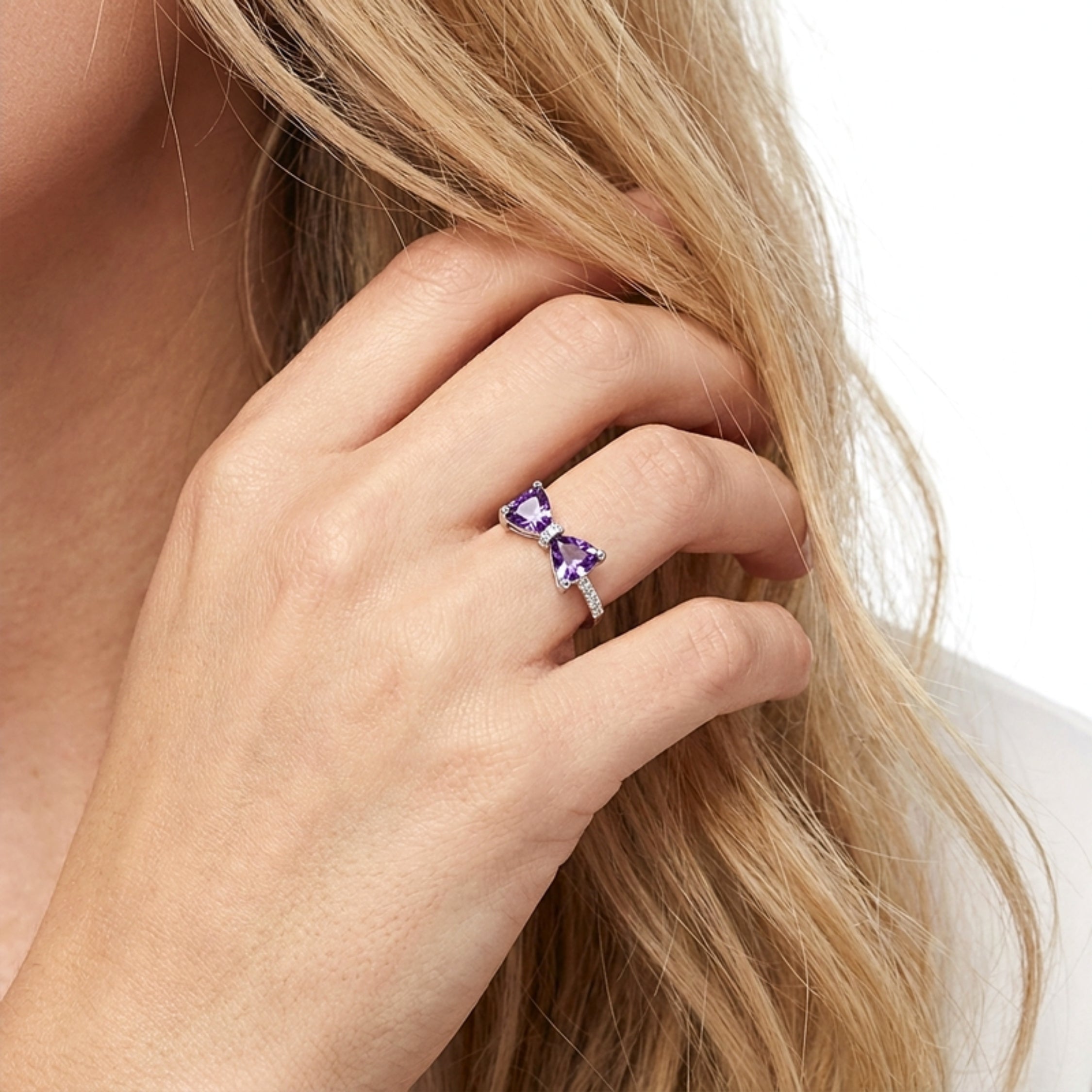 February Trillion Cut Birthstone Ring - Sterling Silver with Amethyst-Tone Zircon