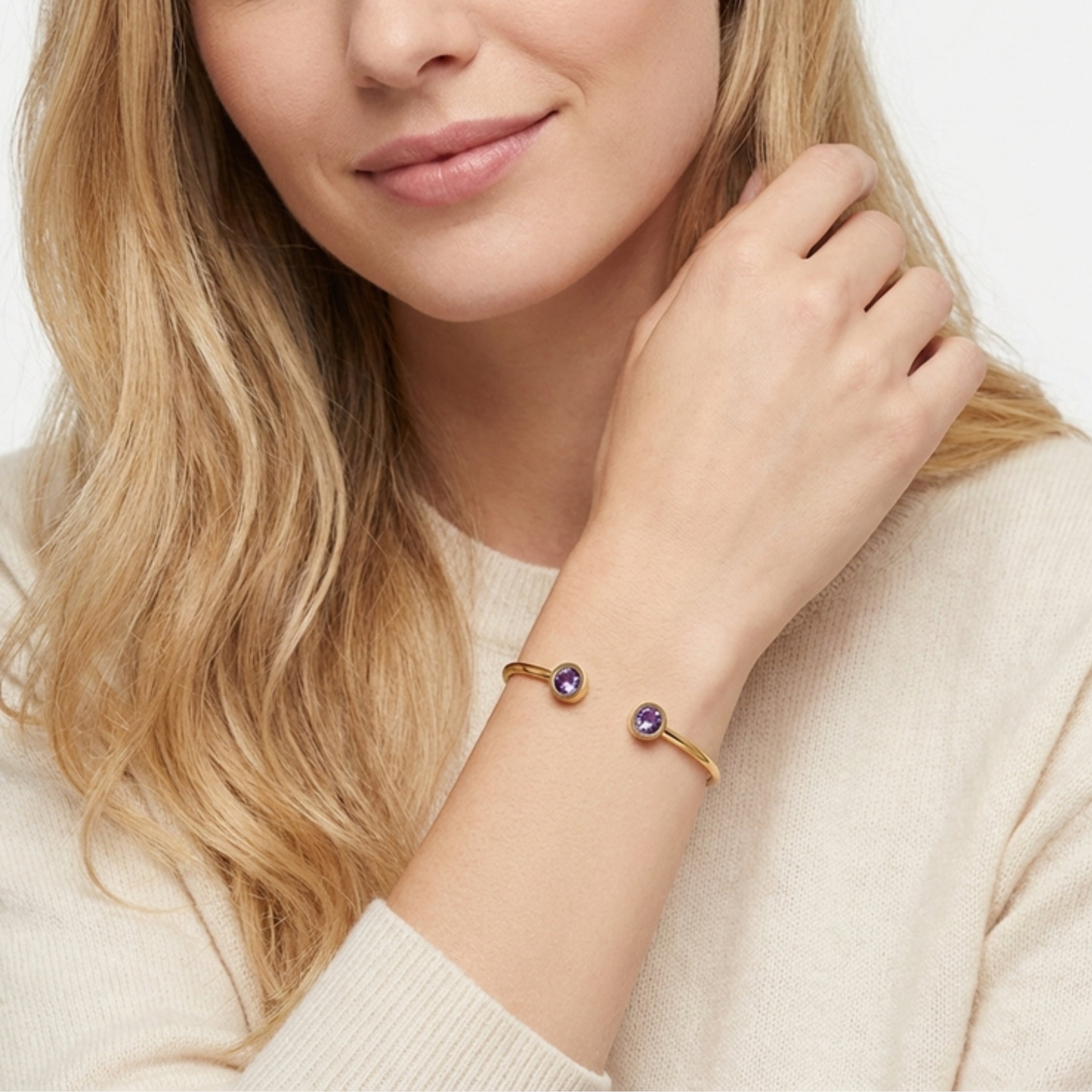 February Birthstone Open Cuff Bangle Bracelet - Gold PVD Stainless Steel with Amethyst-Tone Zircon