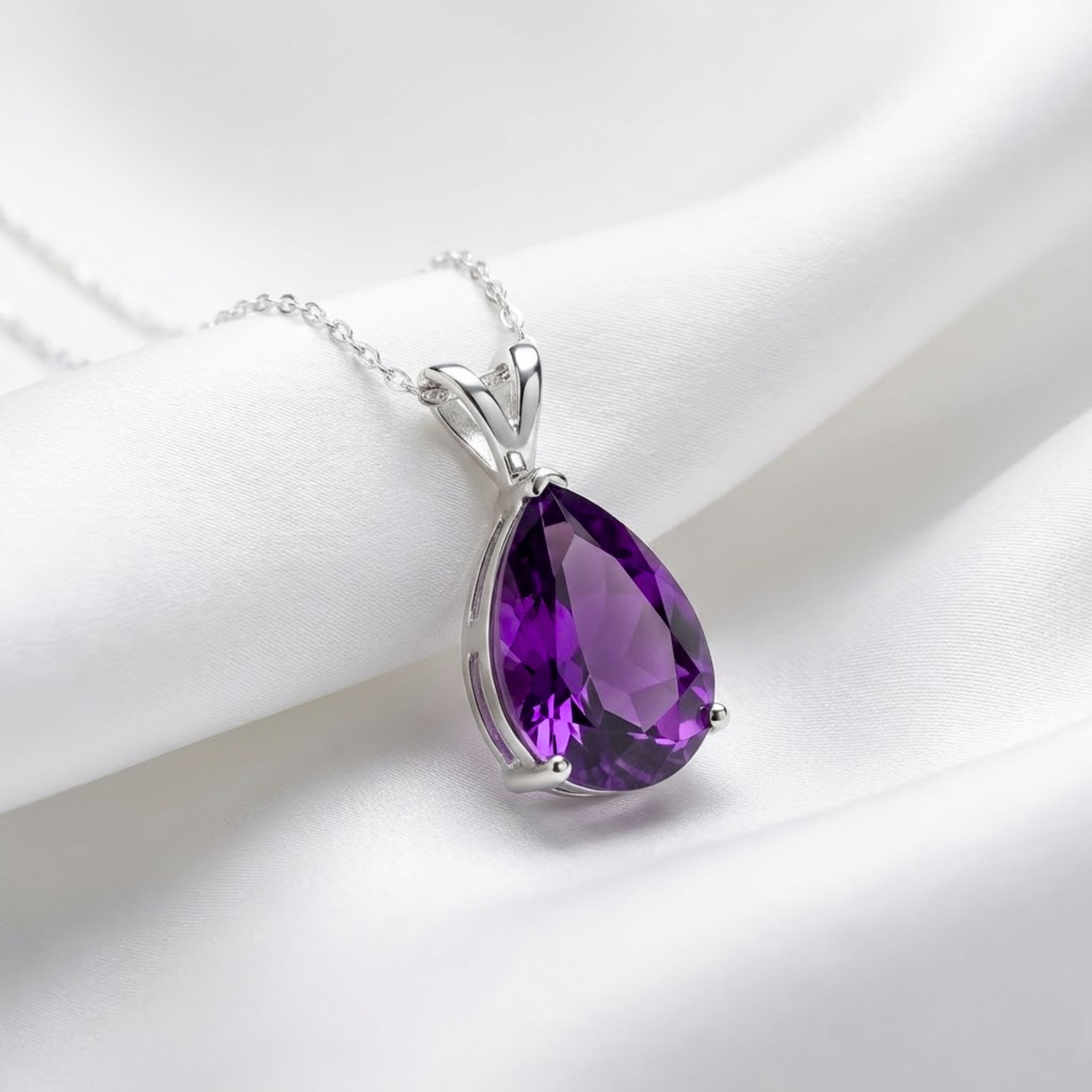 February Pear Cut Birthstone Pendant Necklace - Sterling Silver with Amethyst-Tone Moissanite