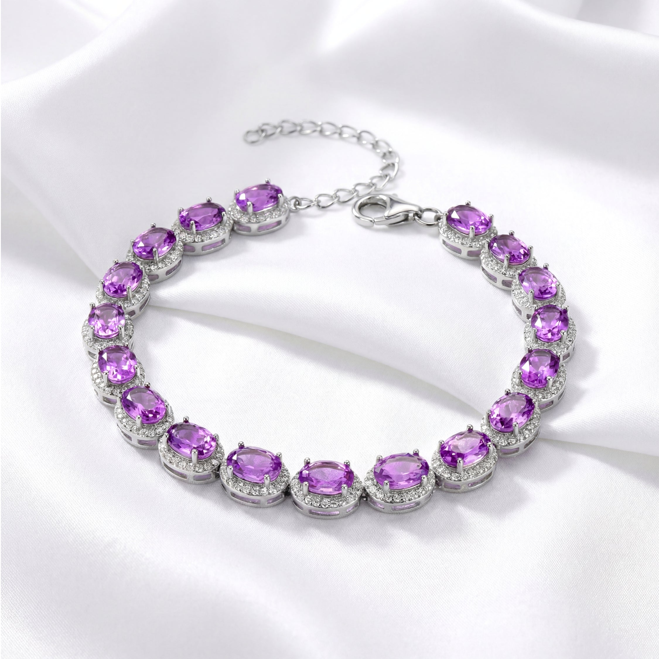 February Oval Cut Birthstone Halo Link Bracelet - Sterling Silver with Amethyst-Tone Zircon