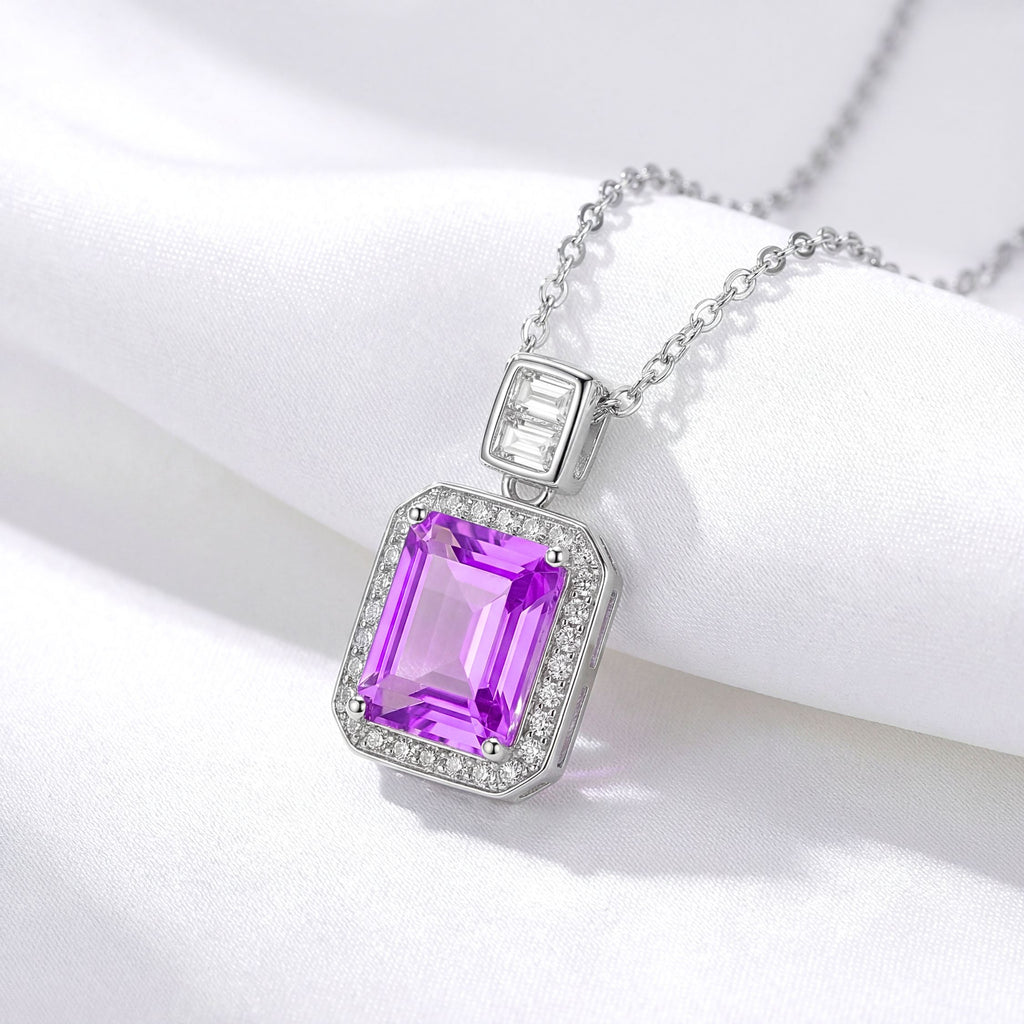 February Emerald Cut Birthstone Halo Pendant Necklace - Sterling Silver with Amethyst-Tone Zircon