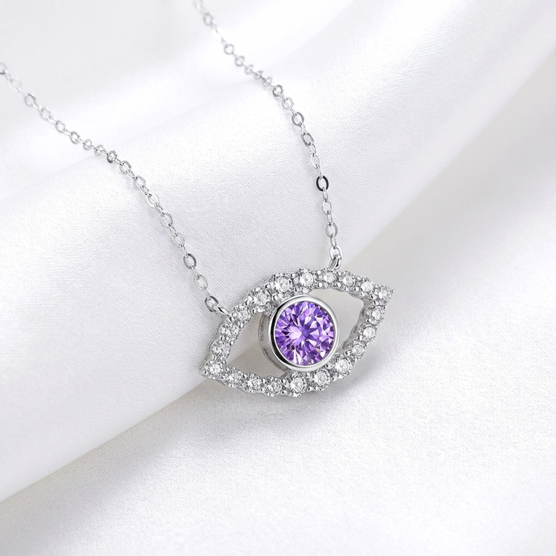 February Round Cut Birthstone Eye Pendant Necklace - Sterling Silver with Amethyst-Tone Moissanite