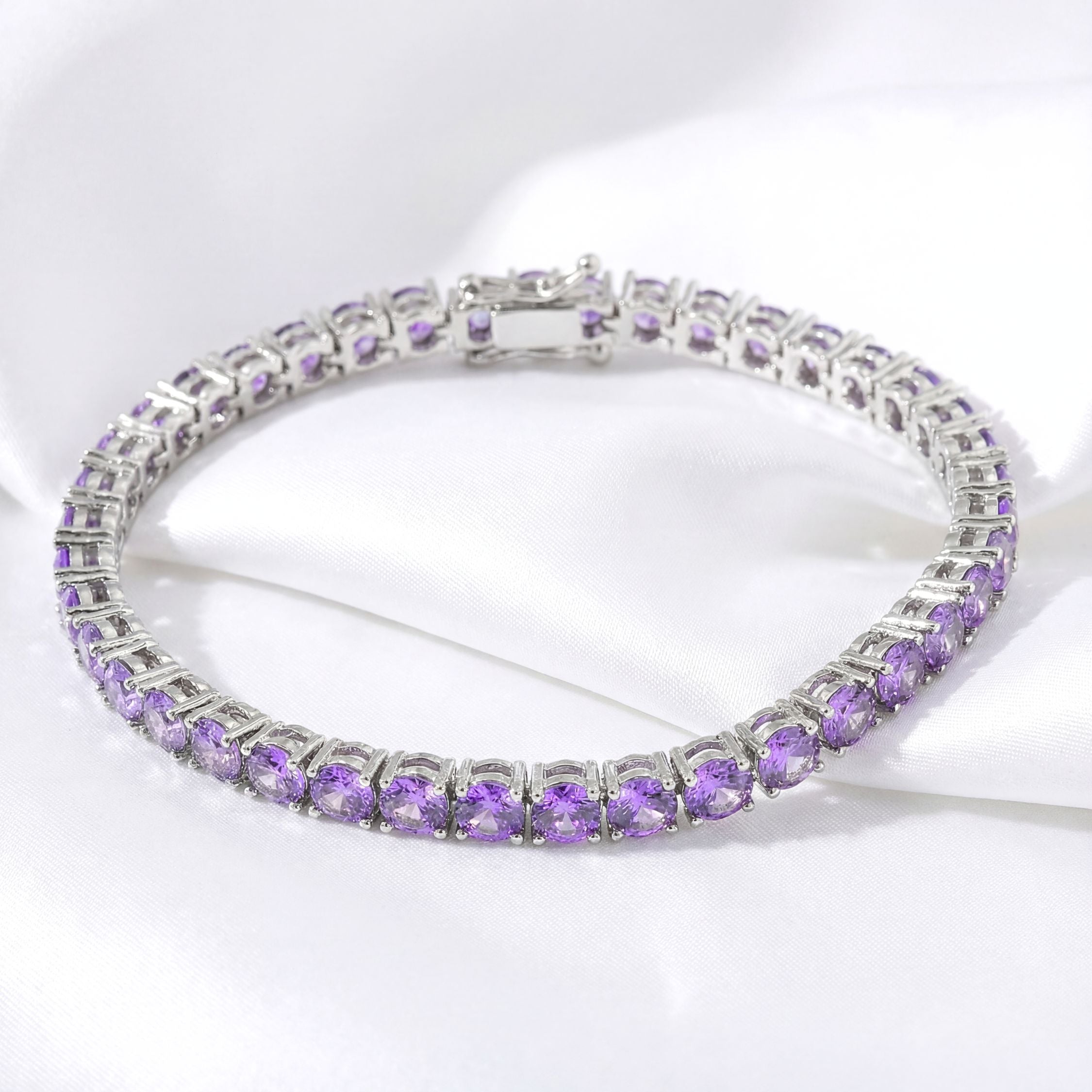 February Round Cut Birthstone Tennis Bracelet - Stainless Steel with Amethyst-Tone Zircon