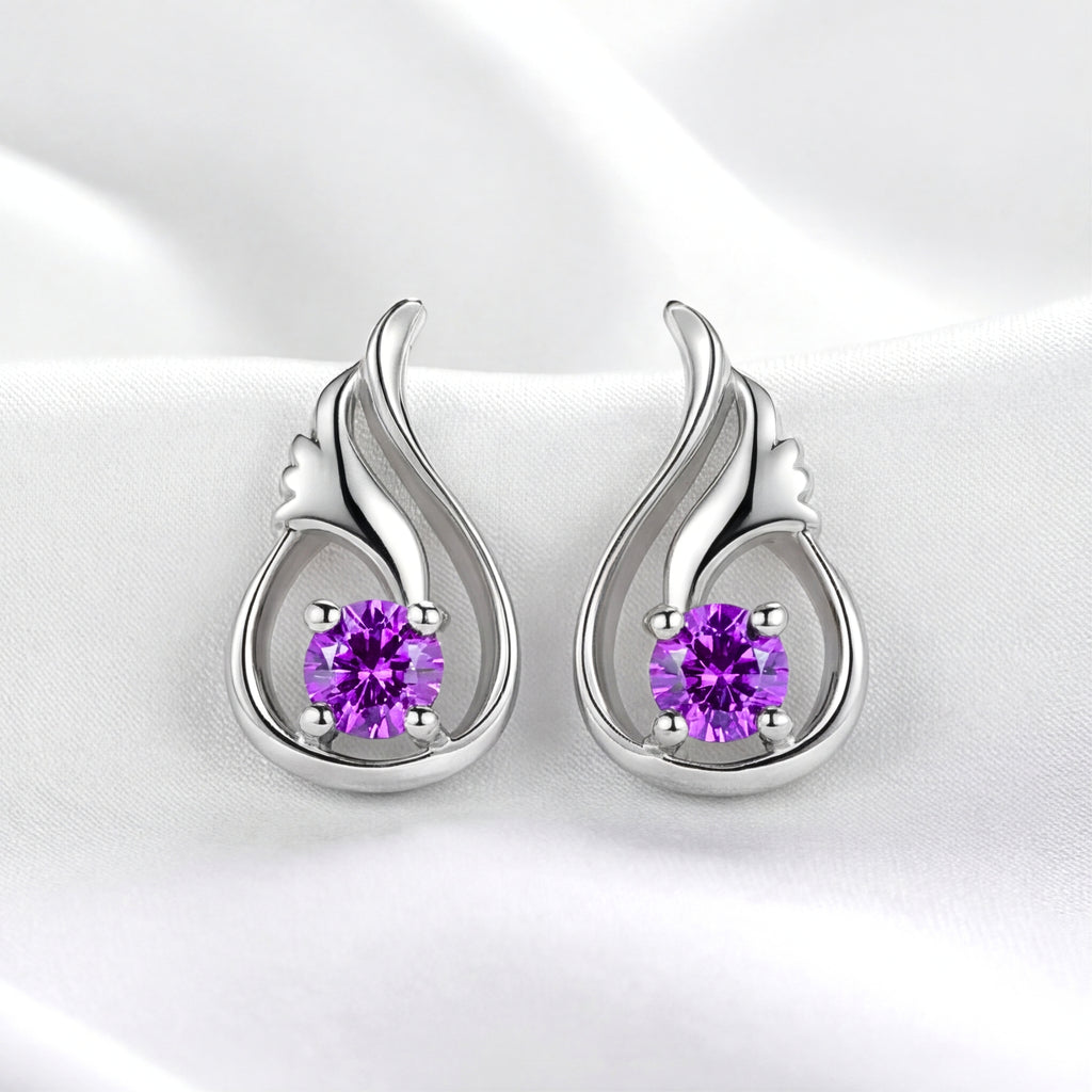 February Round Cut Birthstone Wing Earrings - Sterling Silver with Amethyst-Tone Zircon