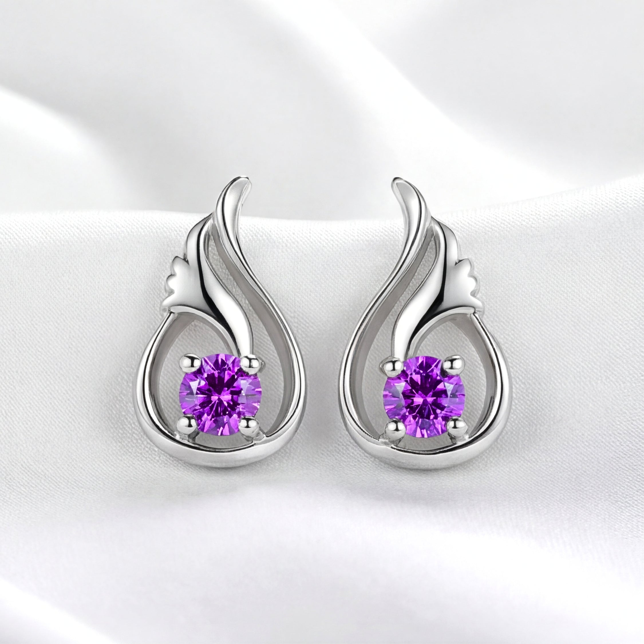 February Round Cut Birthstone Wing Earrings - Sterling Silver with Amethyst-Tone Zircon