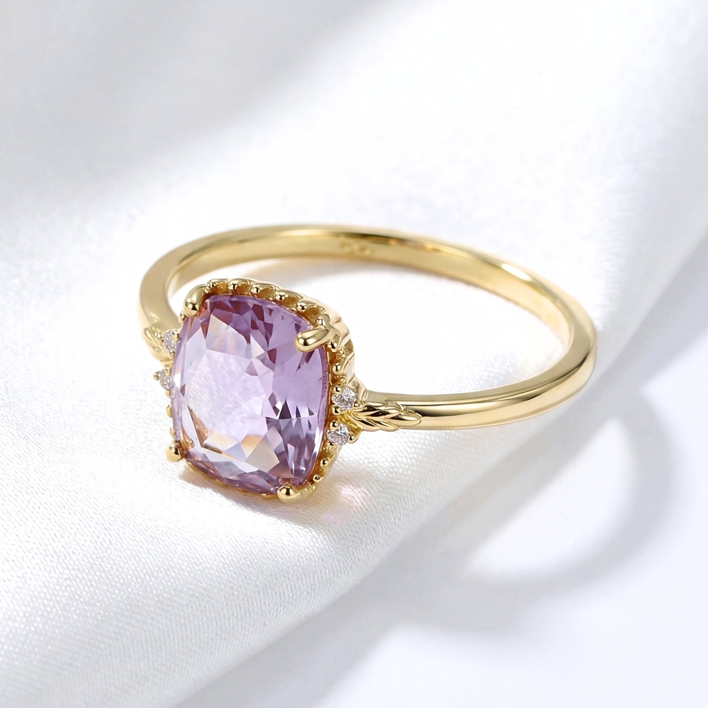 February Cushion Cut Birthstone VIntage Ring - Gold Plated Sterling Silver with Amethyst-Tone Zircon