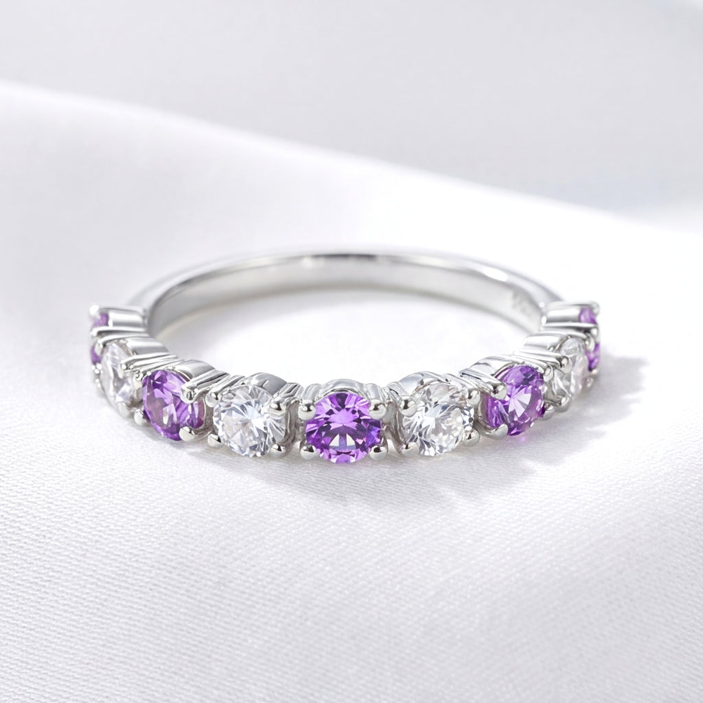 February Round Cut Birthstone Half Eternity Ring - Sterling Silver with Amethyst-Tone Zircon
