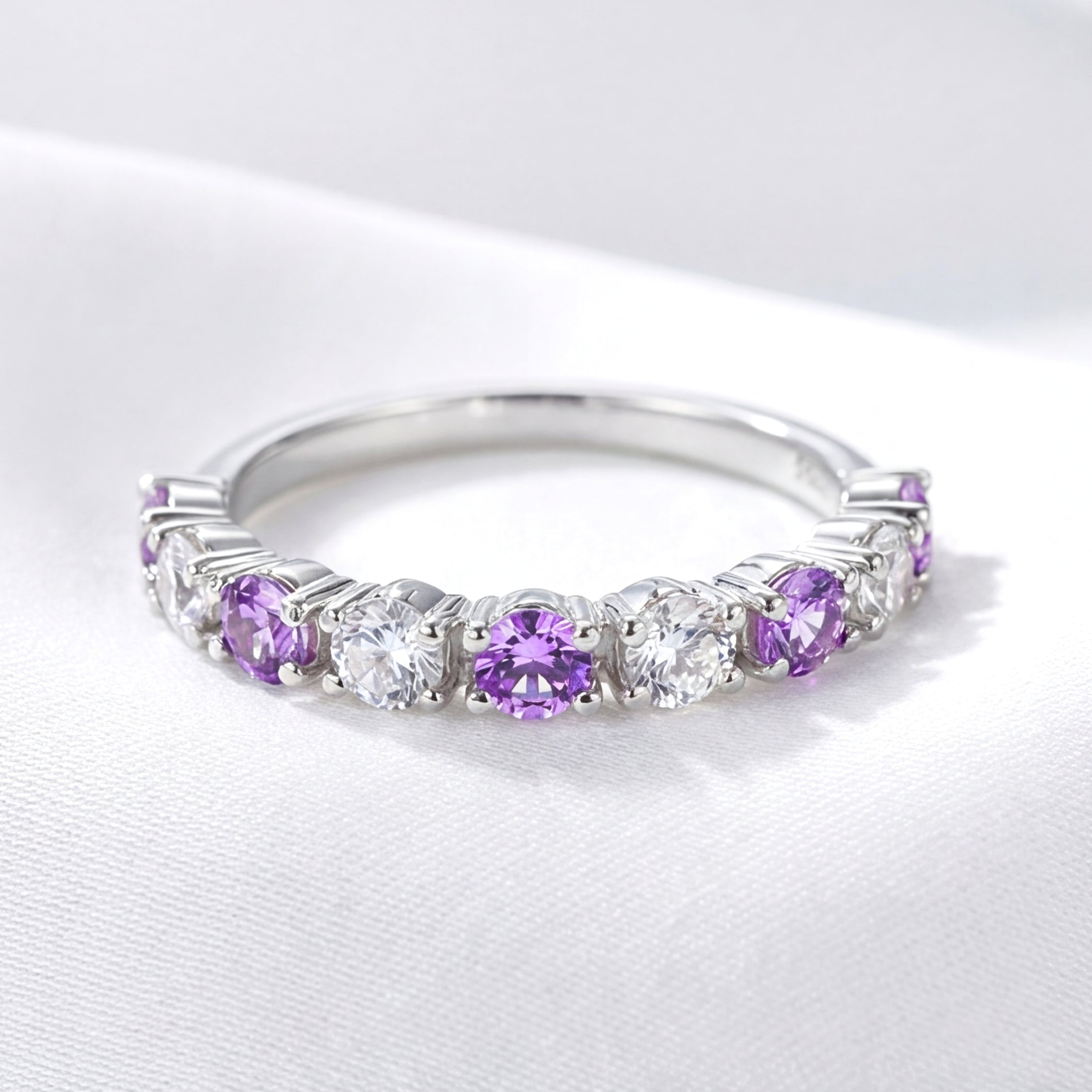 February Round Cut Birthstone Half Eternity Ring - Sterling Silver with Amethyst-Tone Zircon