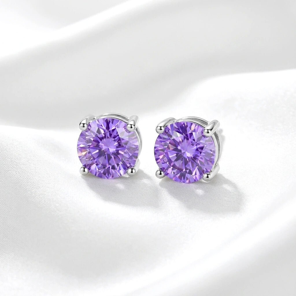 February Round Cut Birthstone Stud Earrings - Sterling Silver with Amethyst-Tone Zircon