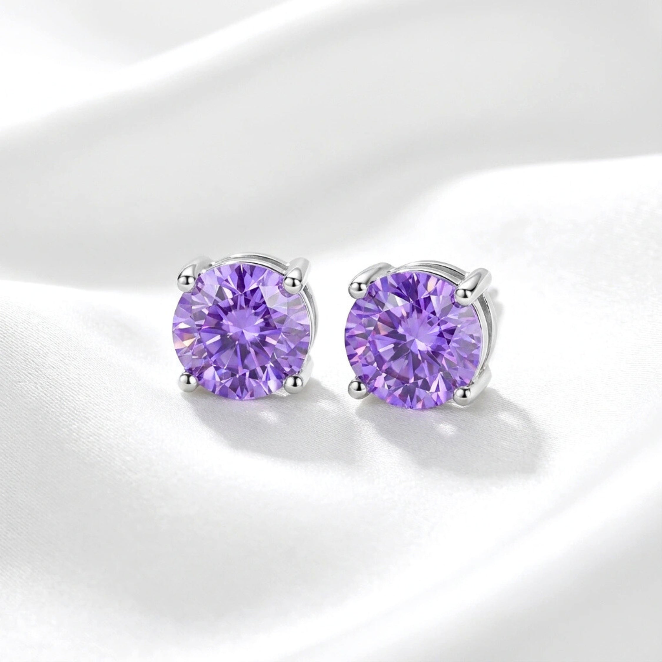 February Round Cut Birthstone Stud Earrings - Sterling Silver with Amethyst-Tone Zircon