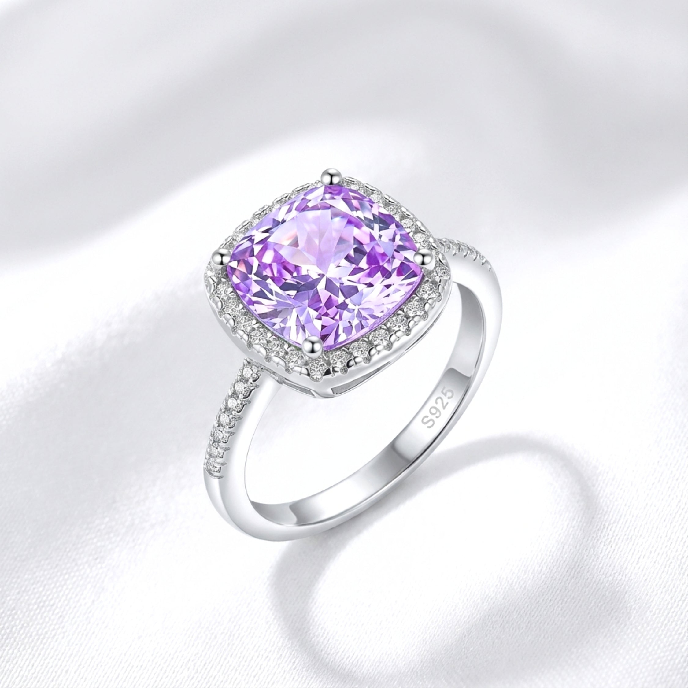 February Cushion Cut Birthstone Halo Ring - Sterling Silver with Amethyst-Tone Zircon