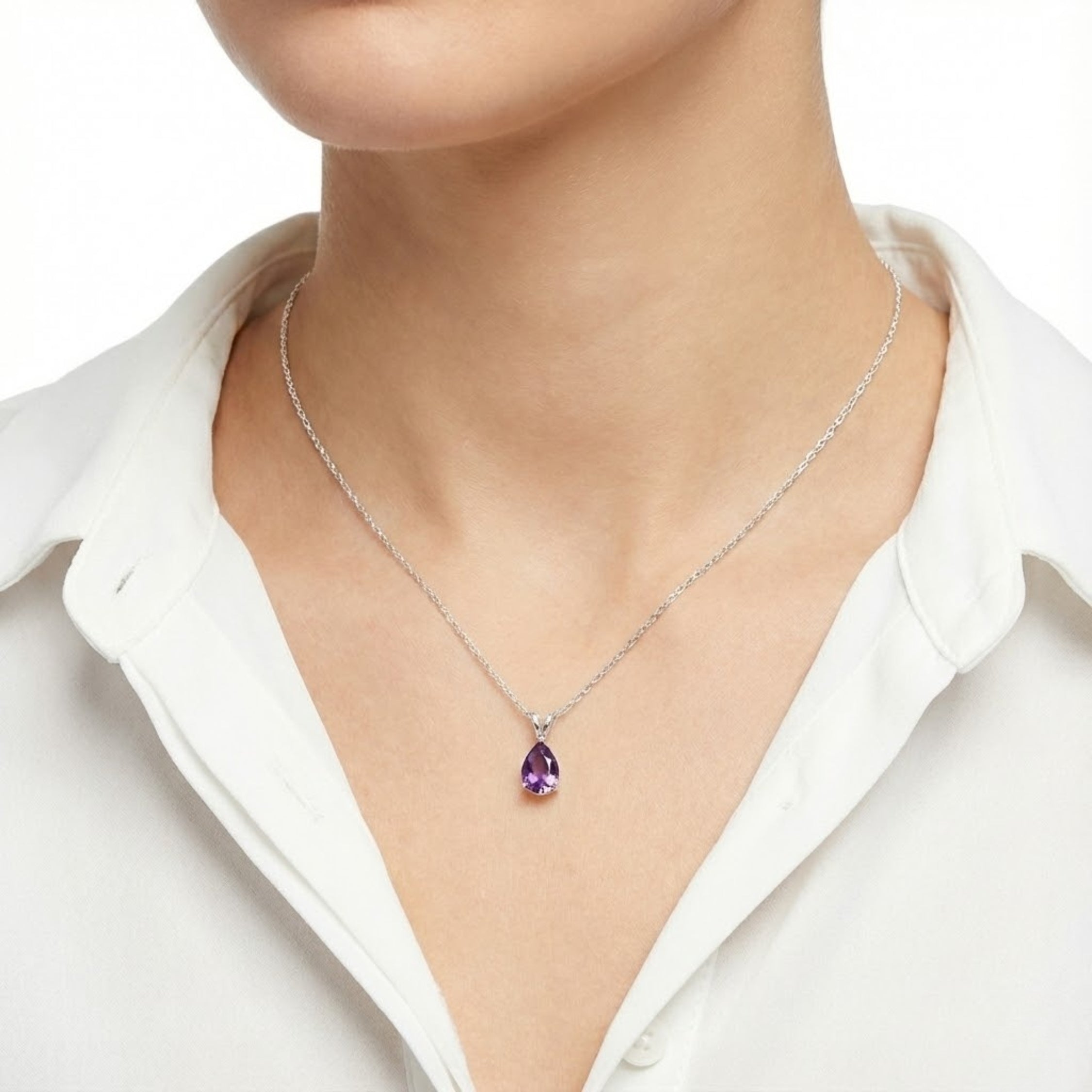 February Pear Cut Birthstone Pendant Necklace - Sterling Silver with Amethyst-Tone Moissanite