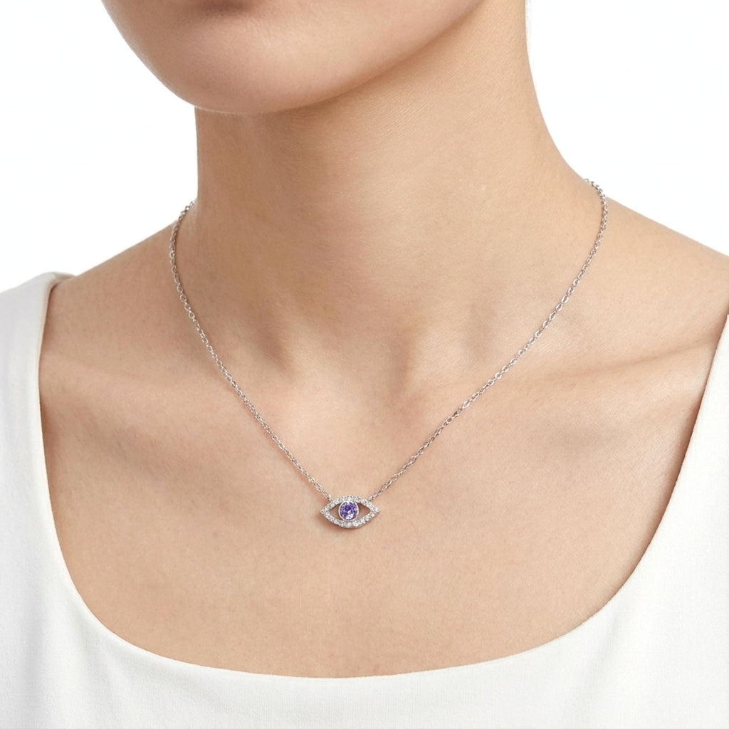 February Round Cut Birthstone Eye Pendant Necklace - Sterling Silver with Amethyst-Tone Moissanite