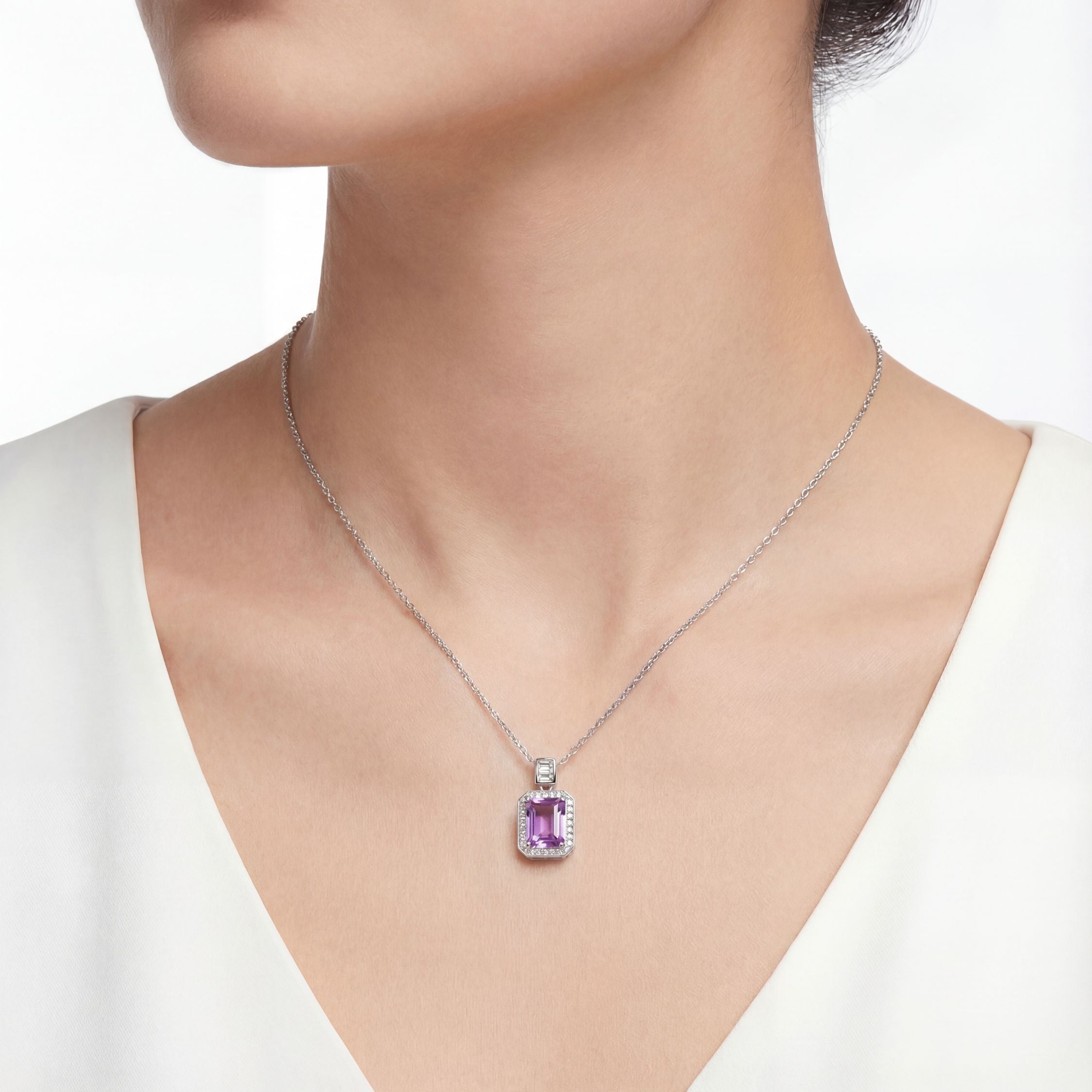 February Emerald Cut Birthstone Halo Pendant Necklace - Sterling Silver with Amethyst-Tone Zircon