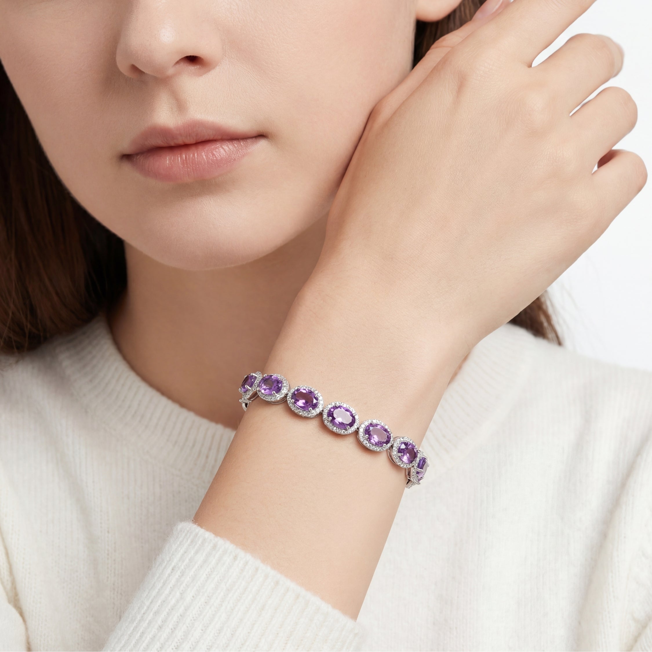 February Oval Cut Birthstone Halo Link Bracelet - Sterling Silver with Amethyst-Tone Zircon