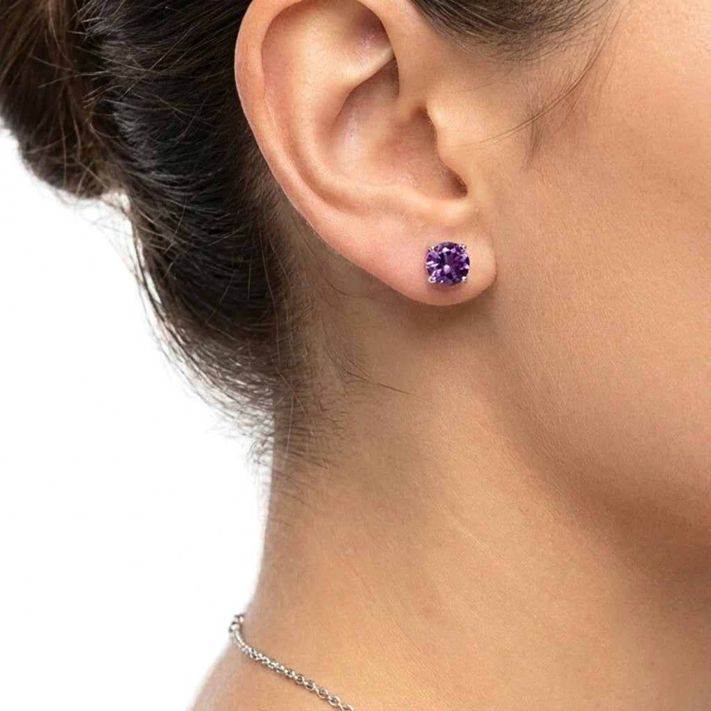 February Round Cut Birthstone Stud Earrings - Sterling Silver with Amethyst-Tone Zircon