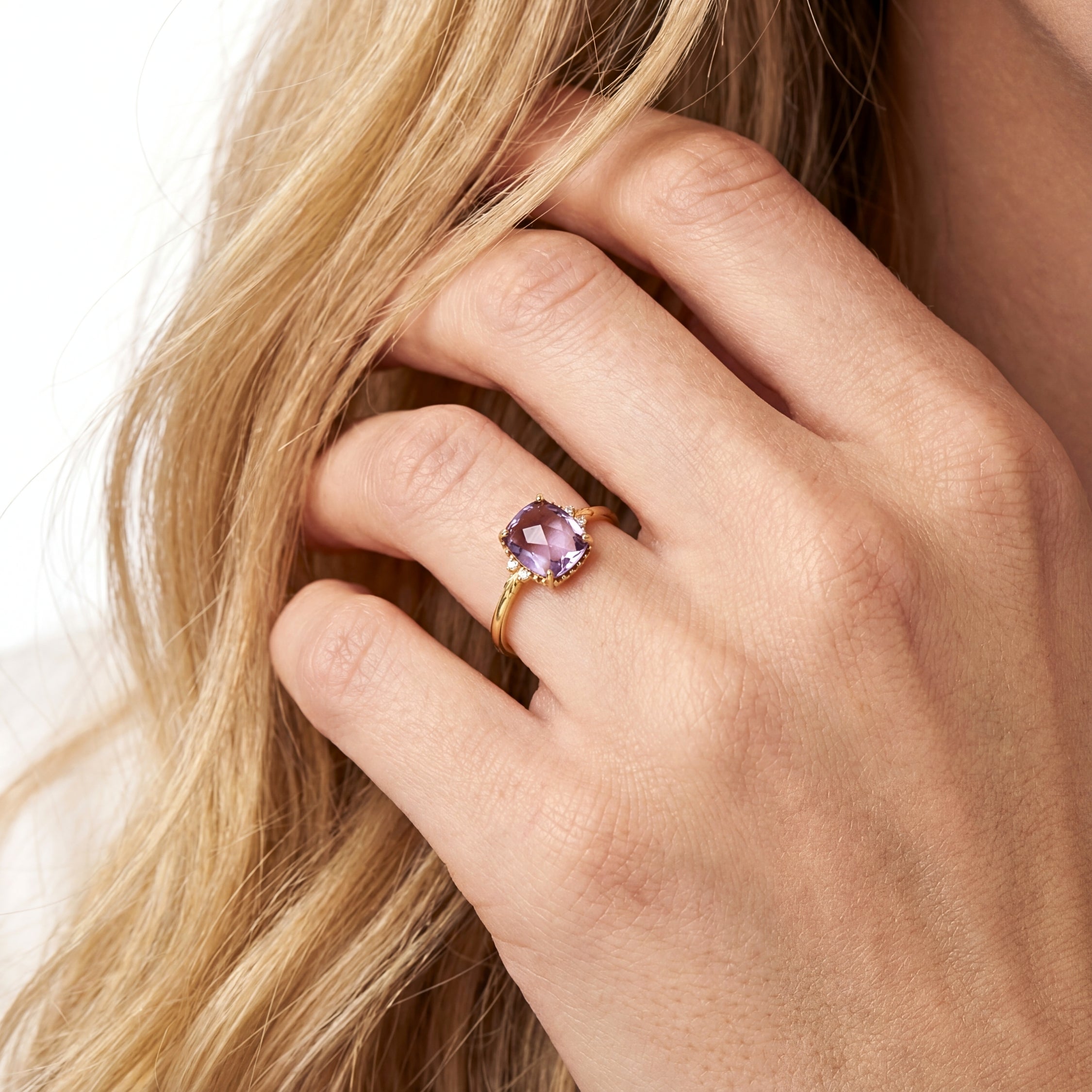 February Cushion Cut Birthstone VIntage Ring - Gold Plated Sterling Silver with Amethyst-Tone Zircon