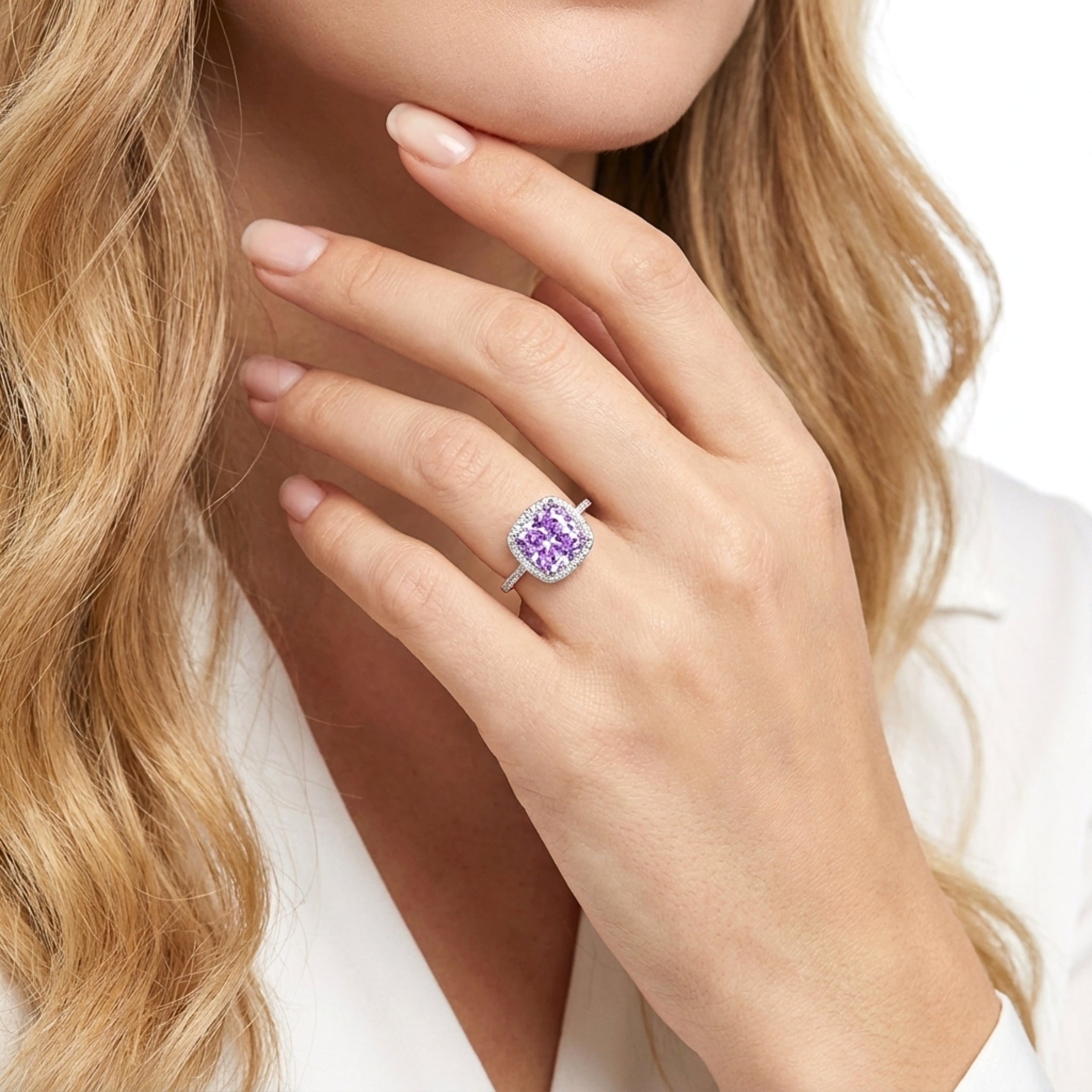 February Cushion Cut Birthstone Halo Ring - Sterling Silver with Amethyst-Tone Zircon