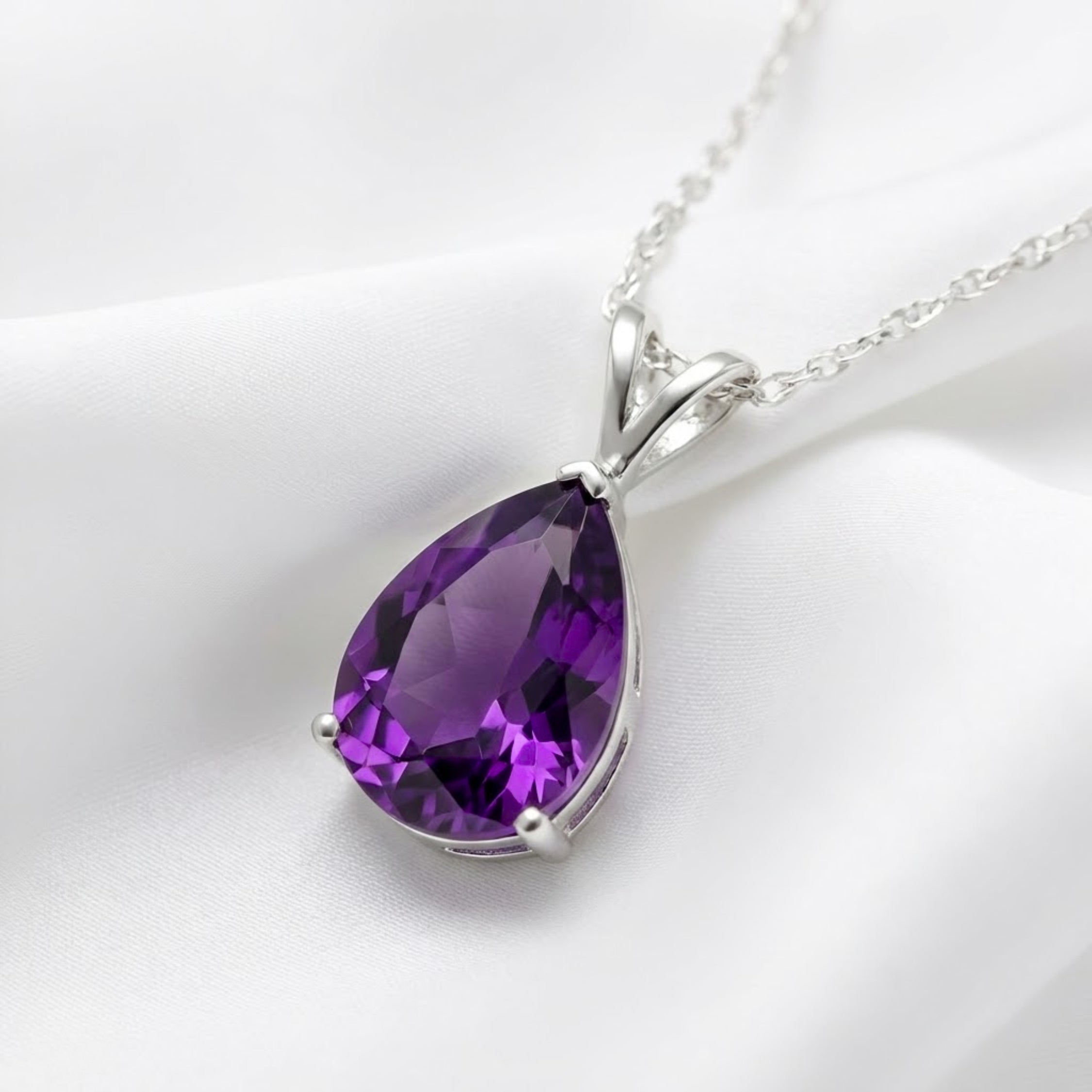 February Pear Cut Birthstone Pendant Necklace - Sterling Silver with Amethyst-Tone Moissanite