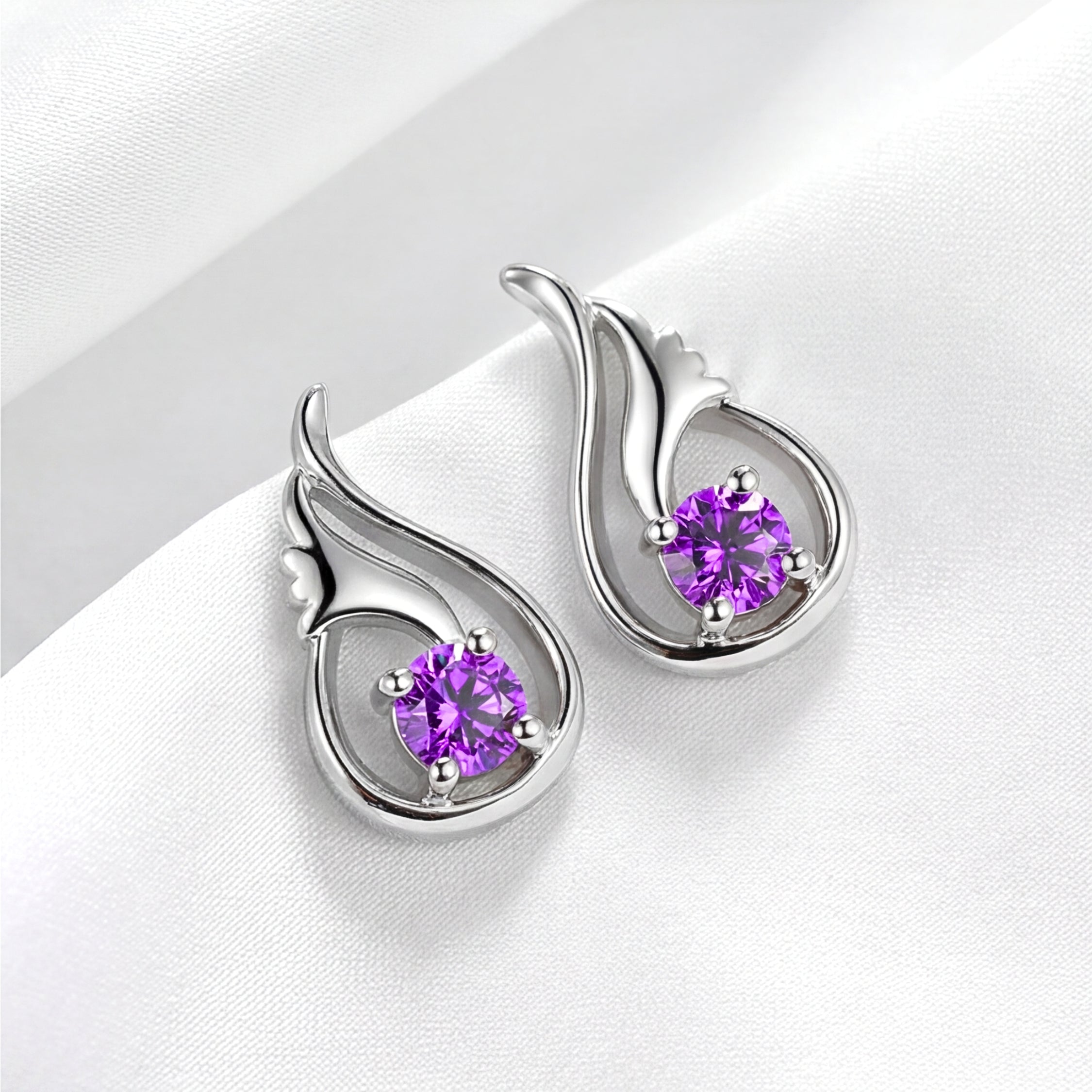 February Round Cut Birthstone Wing Earrings - Sterling Silver with Amethyst-Tone Zircon