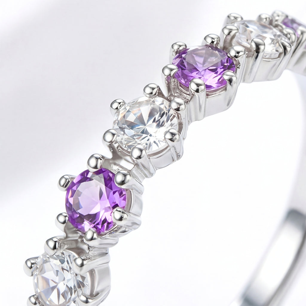 February Round Cut Birthstone Half Eternity Ring - Sterling Silver with Amethyst-Tone Zircon