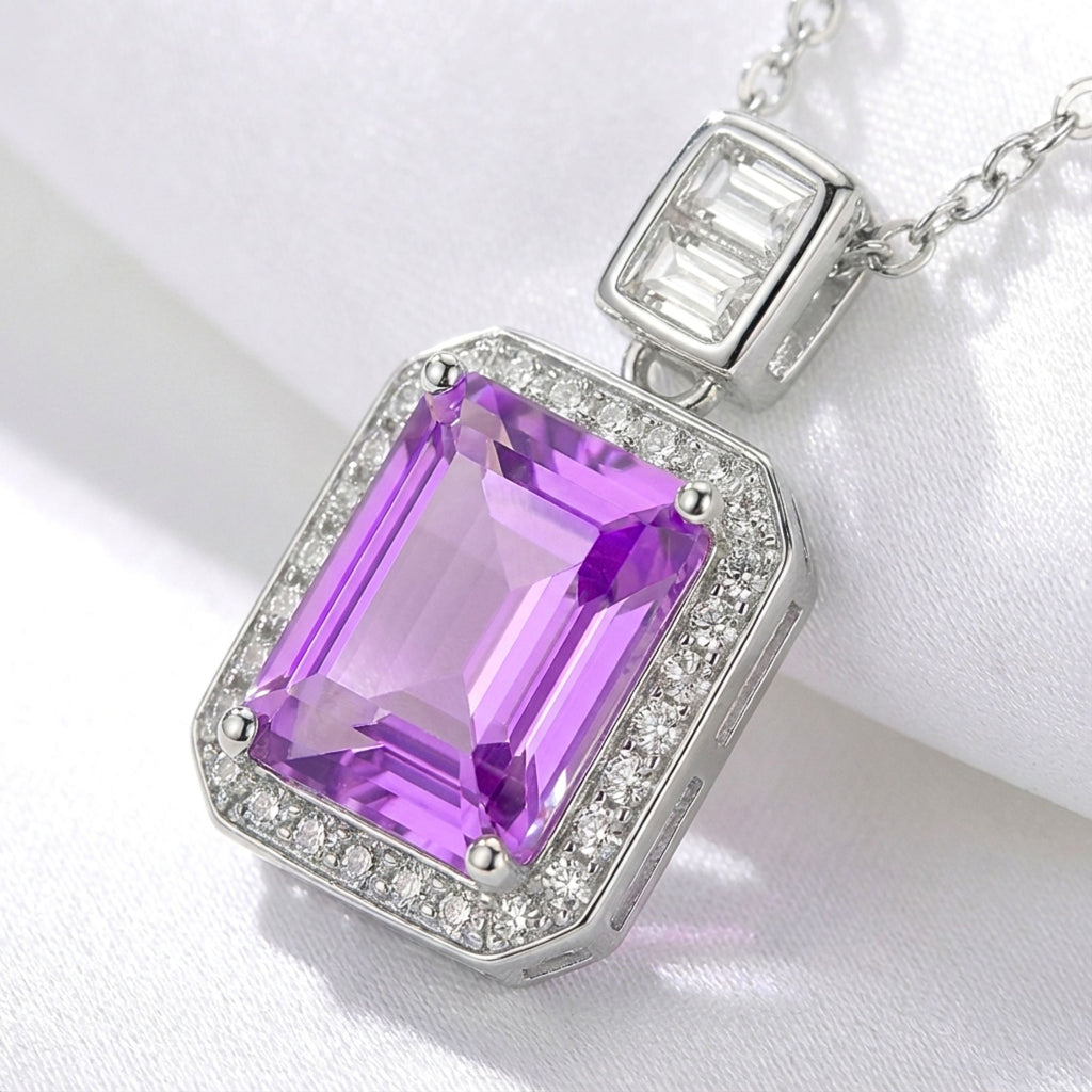 February Emerald Cut Birthstone Halo Pendant Necklace - Sterling Silver with Amethyst-Tone Zircon