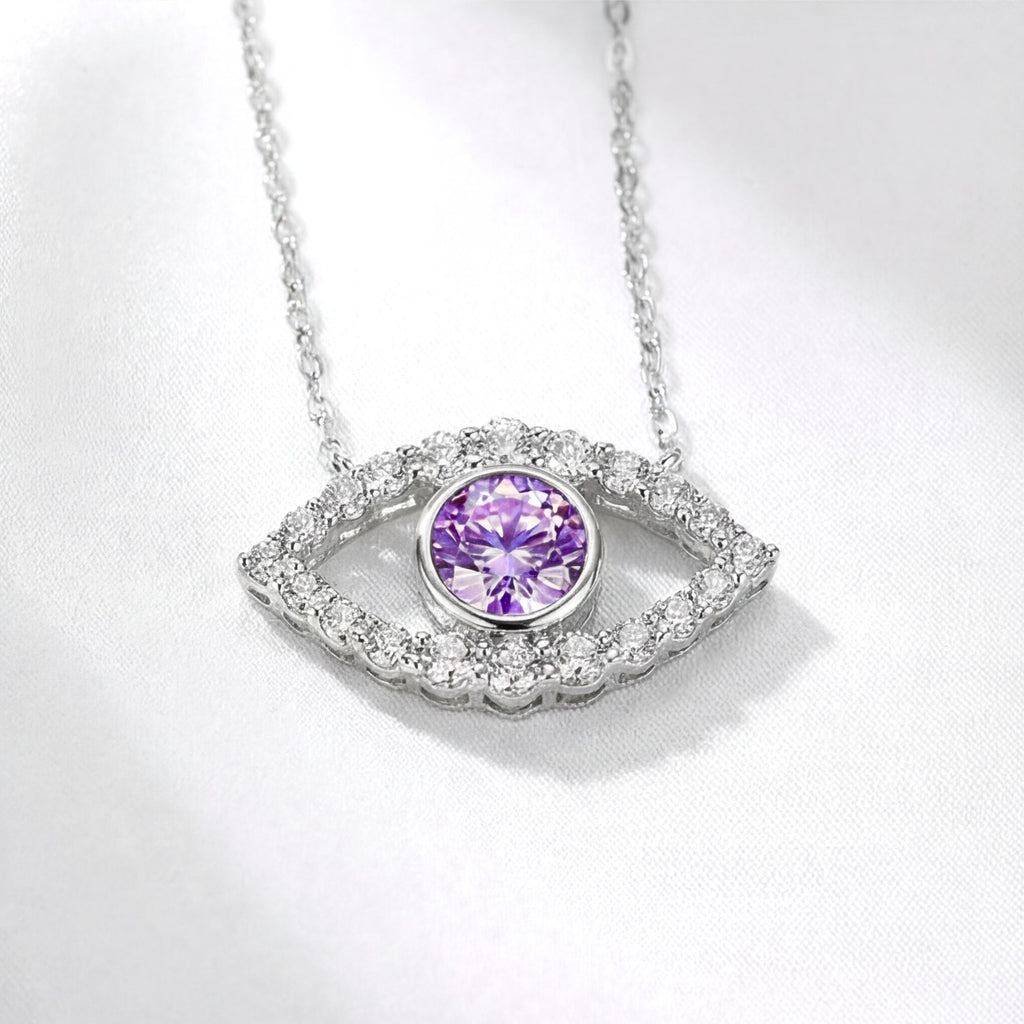 February Round Cut Birthstone Eye Pendant Necklace - Sterling Silver with Amethyst-Tone Moissanite