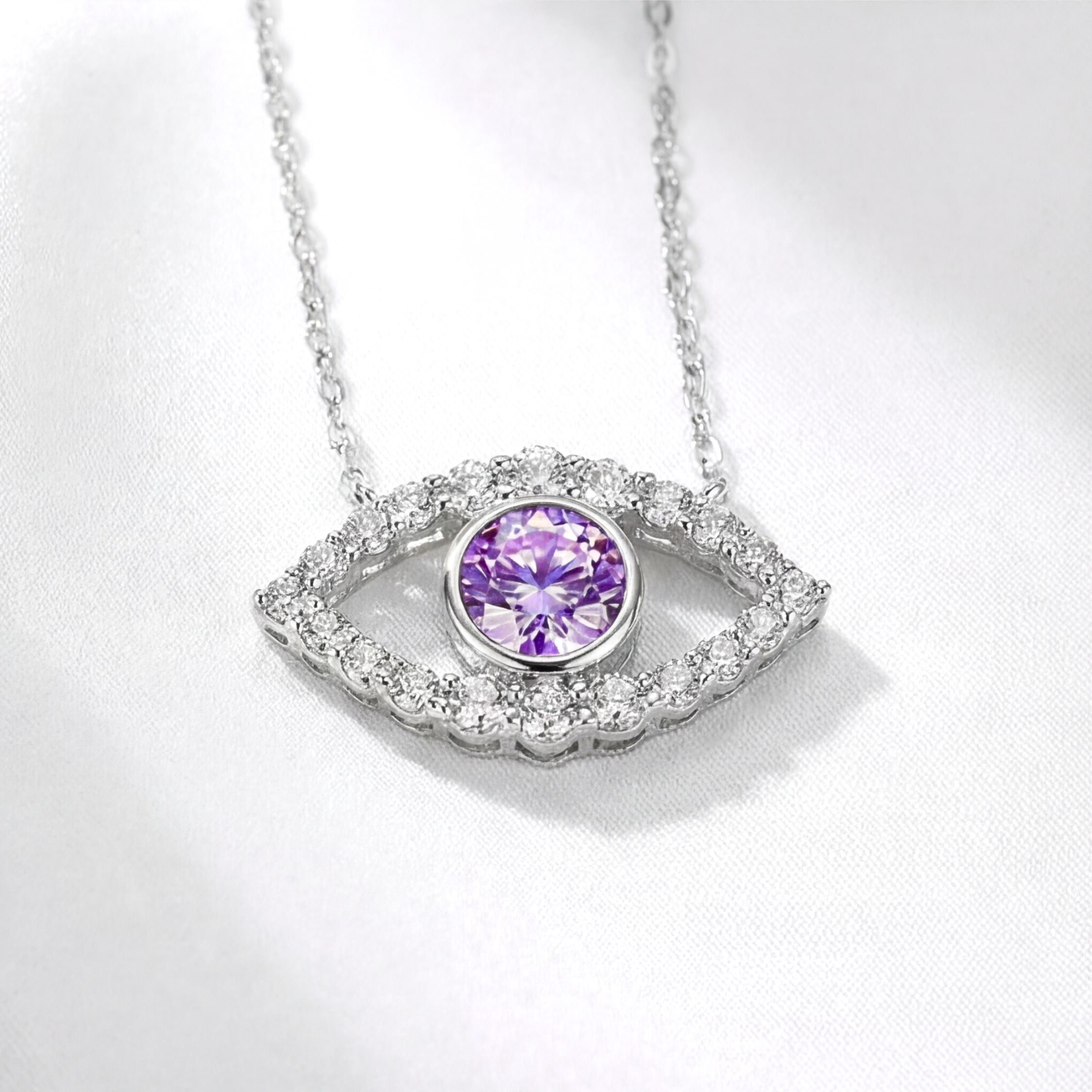 February Round Cut Birthstone Eye Pendant Necklace - Sterling Silver with Amethyst-Tone Moissanite